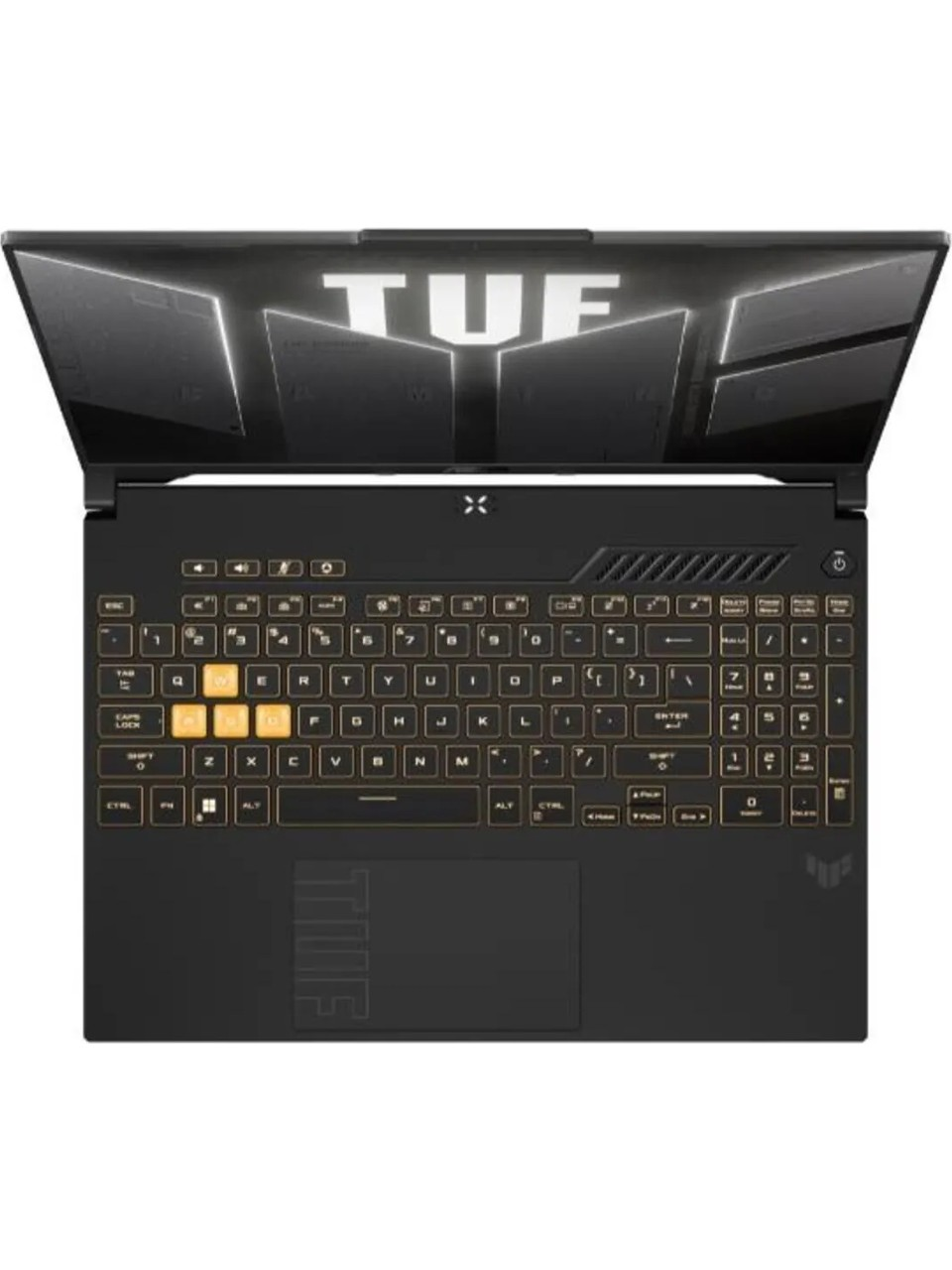 Yukarıdan siyah bir Asus TUF oyuncu dizüstü bilgisayarı, arkadan aydınlatmalı klavye ve ekranda TUF logosu ile.