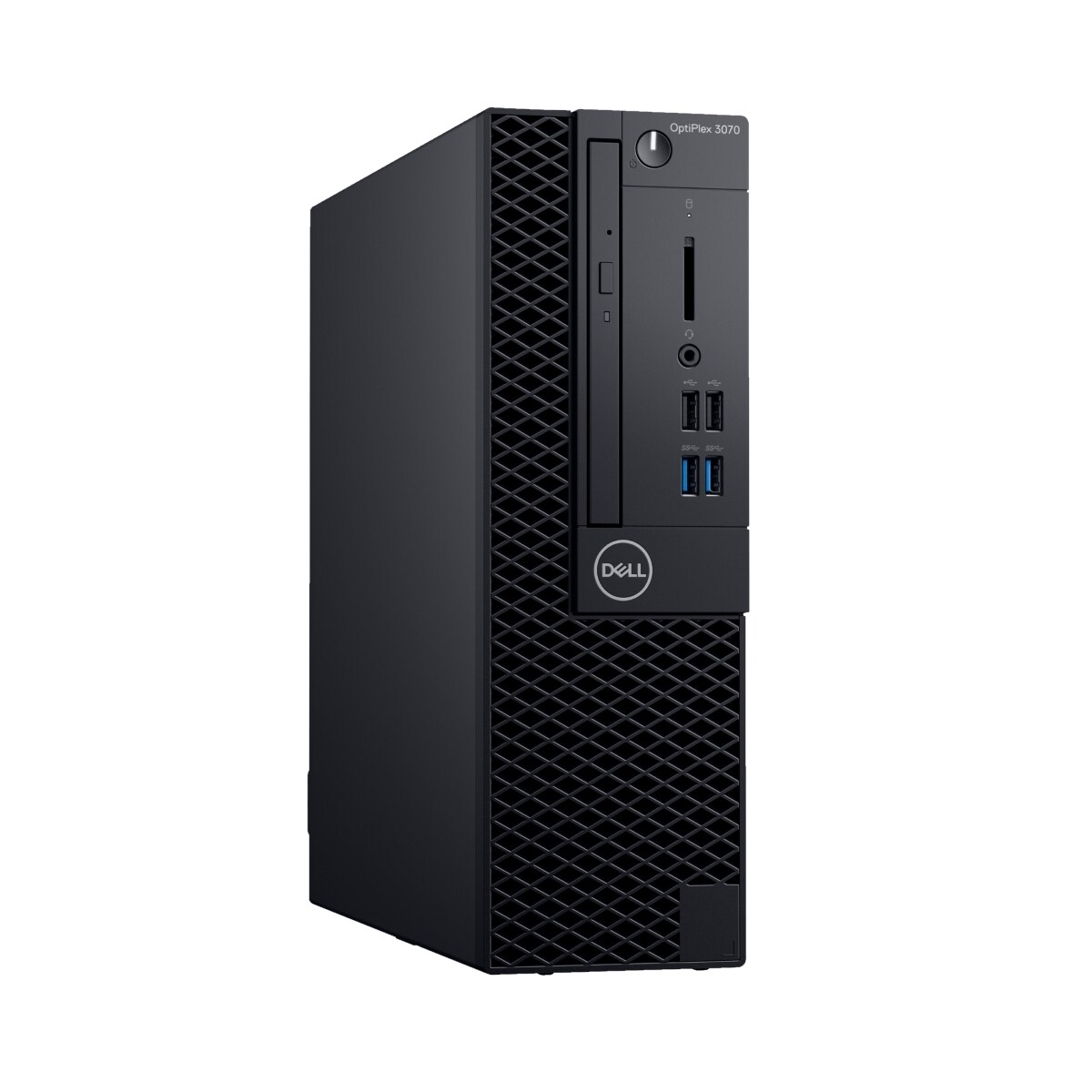 Ein schwarzer Dell OptiPlex 3070 Small Form Factor Computer steht vor weißem Hintergrund.