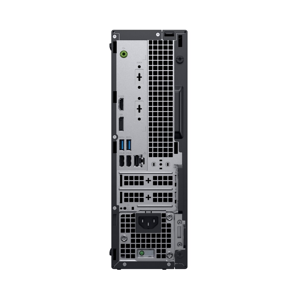 Rückseite eines schwarzen Computergehäuses mit Anschlüssen, Lüftungsgittern und Netzeingang.