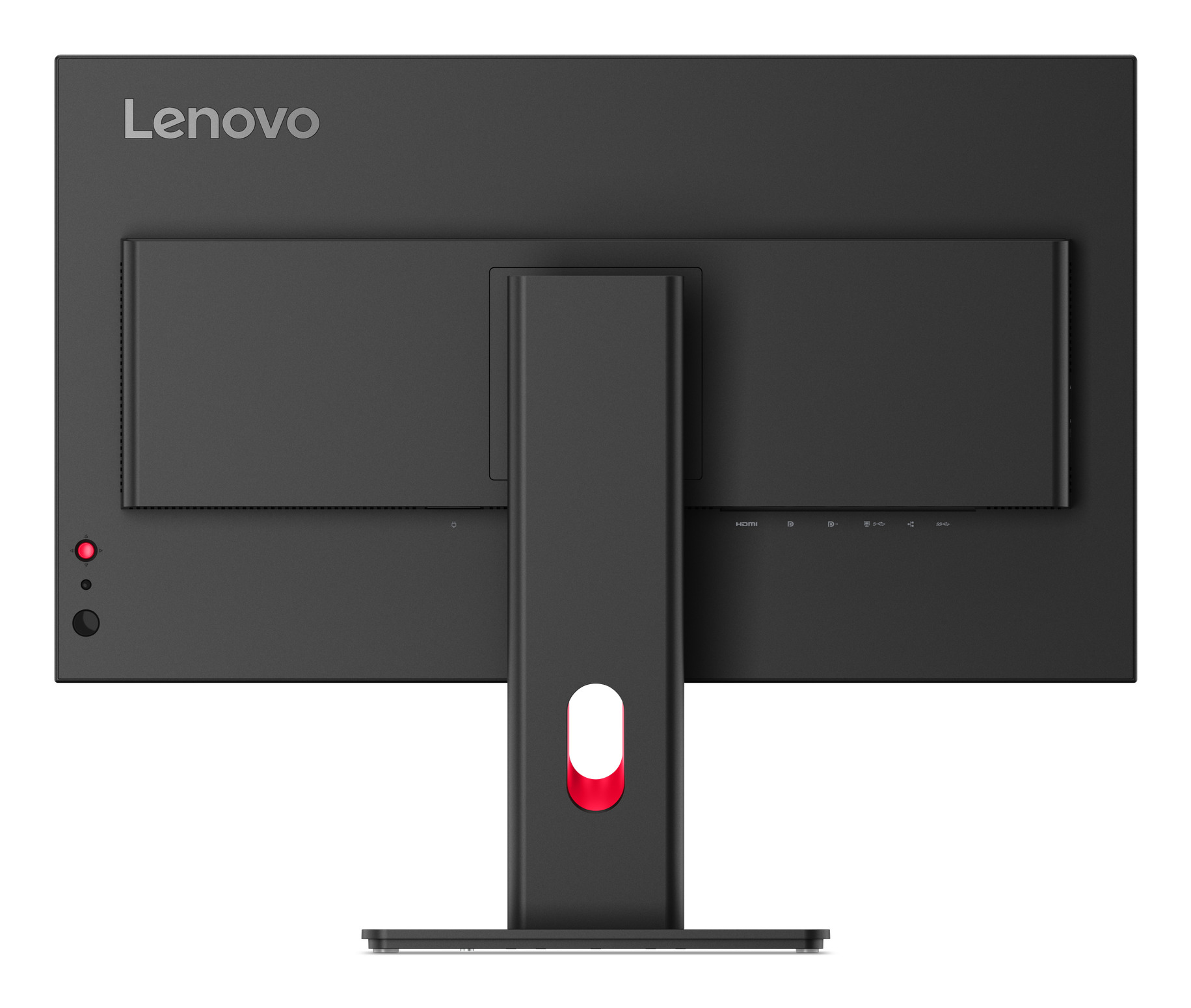 Rückansicht eines schwarzen Lenovo-Monitors mit Standfuß und rotem Akzent.