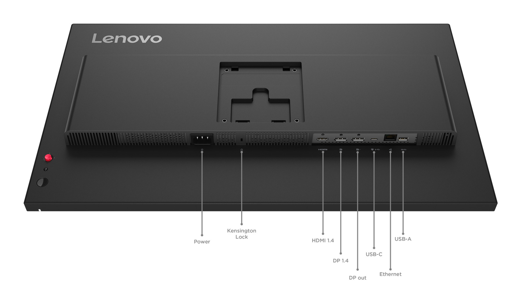 Rückseite eines Lenovo-Monitors mit gekennzeichneten Anschlüssen für Power, HDMI, DP, USB-C, Ethernet und USB-A.