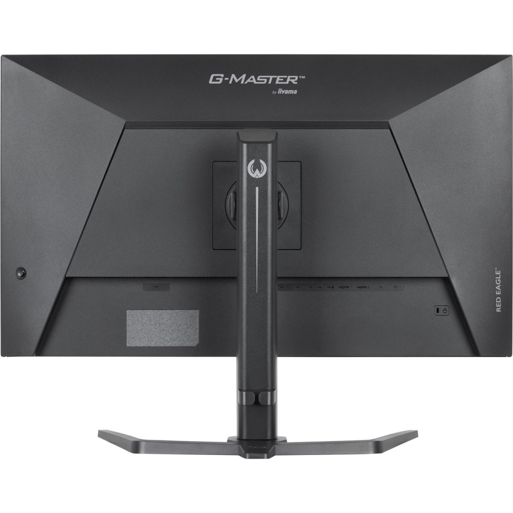 Rear view of a black iiyama G-Master computer monitor with stand.