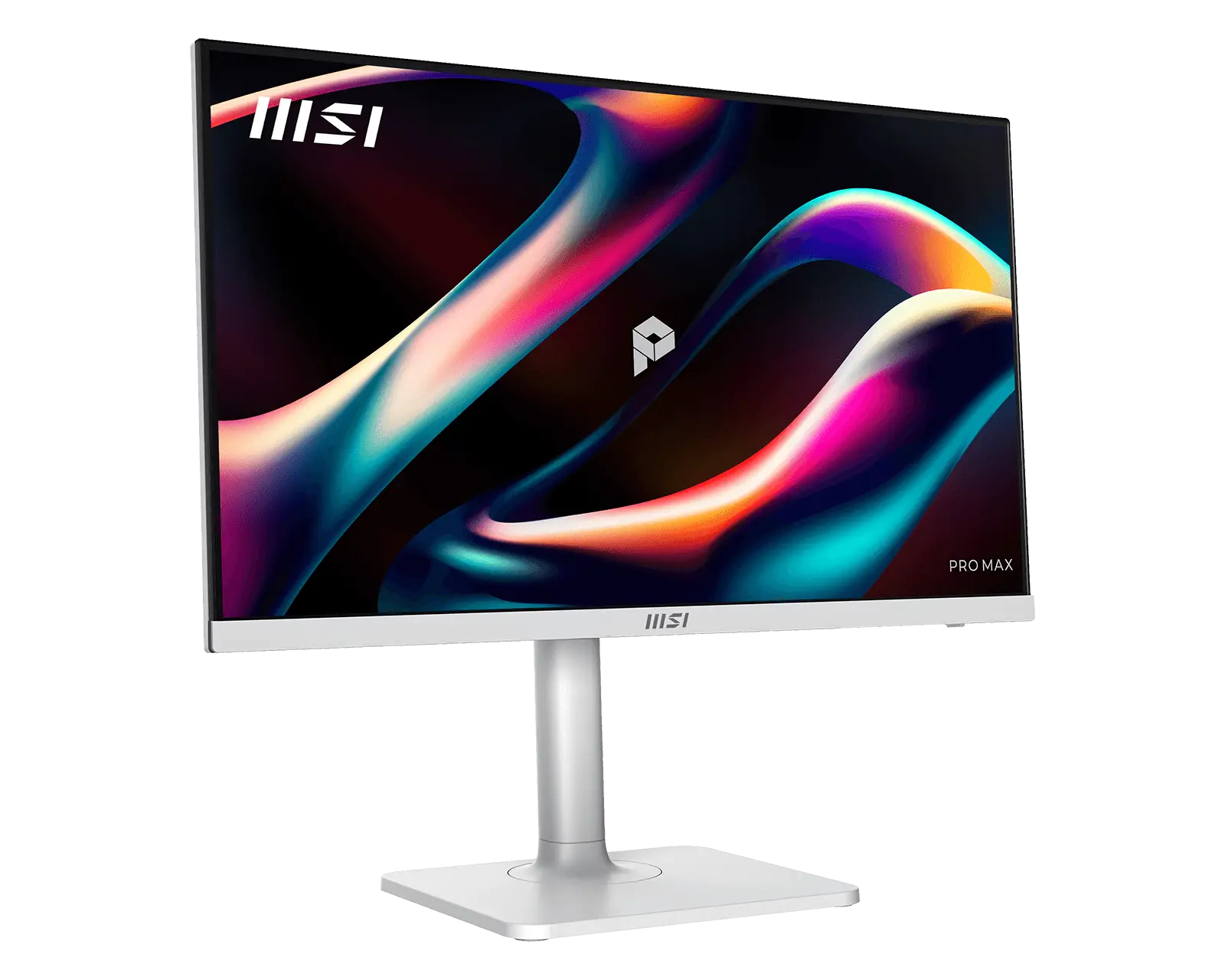 Biały monitor MSI z kolorowym, abstrakcyjnym wygaszaczem ekranu i srebrną podstawą na czarnym tle.