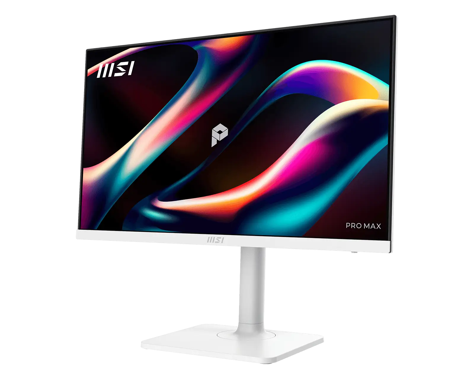 Biały monitor MSI Pro Max wyświetla kolorową abstrakcyjną tapetę na czarnym tle.