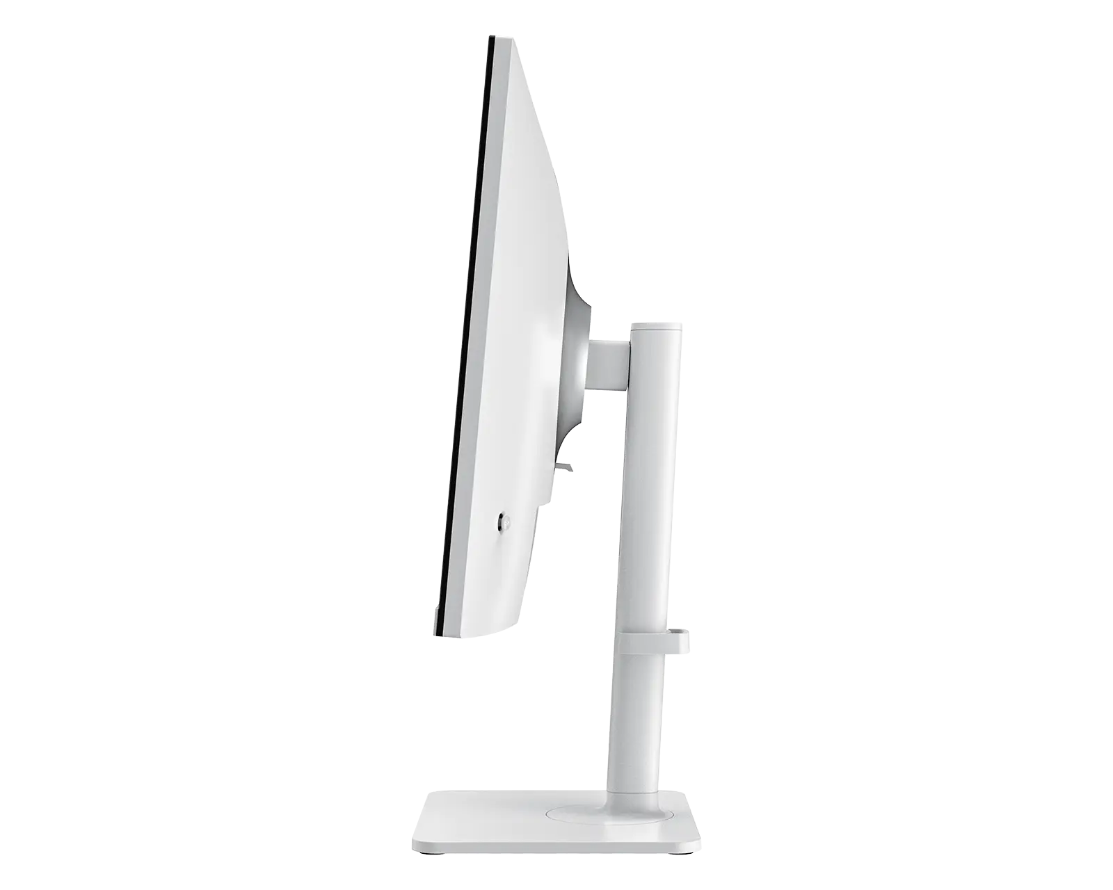 Widok z boku nowoczesnego białego monitora na regulowanej podstawie na czarnym tle.