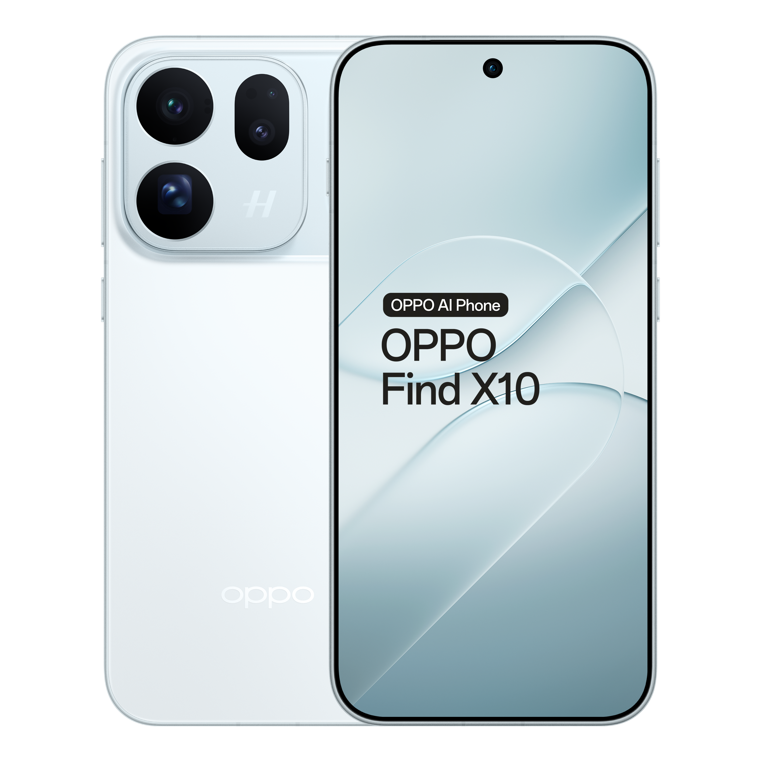 White OPPO Find X10 smartphone showing front and back against a black background.