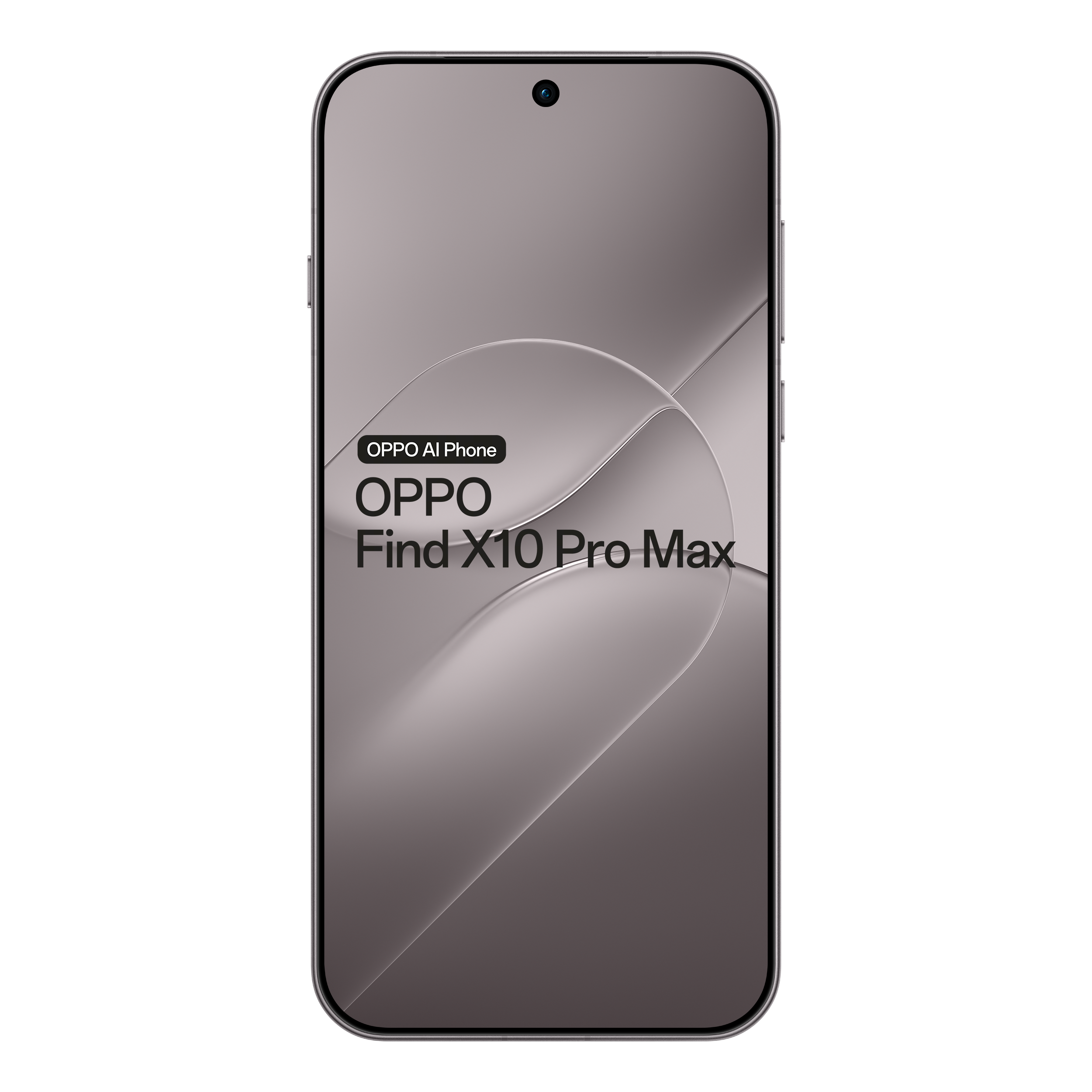 Oppo Find X10 Pro Max phone displaying abstract curves and text on a grey screen against a black background.