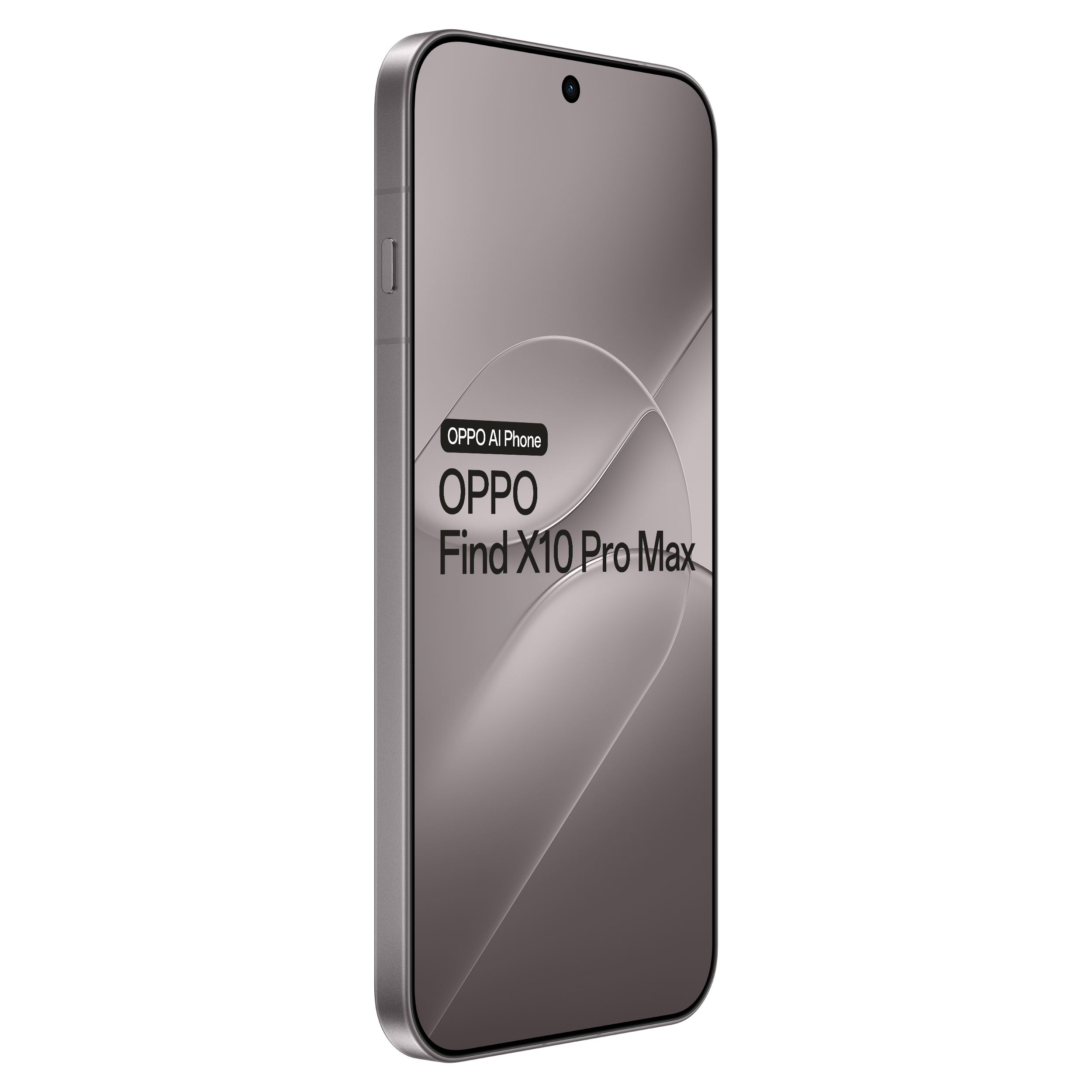 A silver OPPO Find X10 Pro Max smartphone angled slightly on a black background, displaying branding and abstract curves.