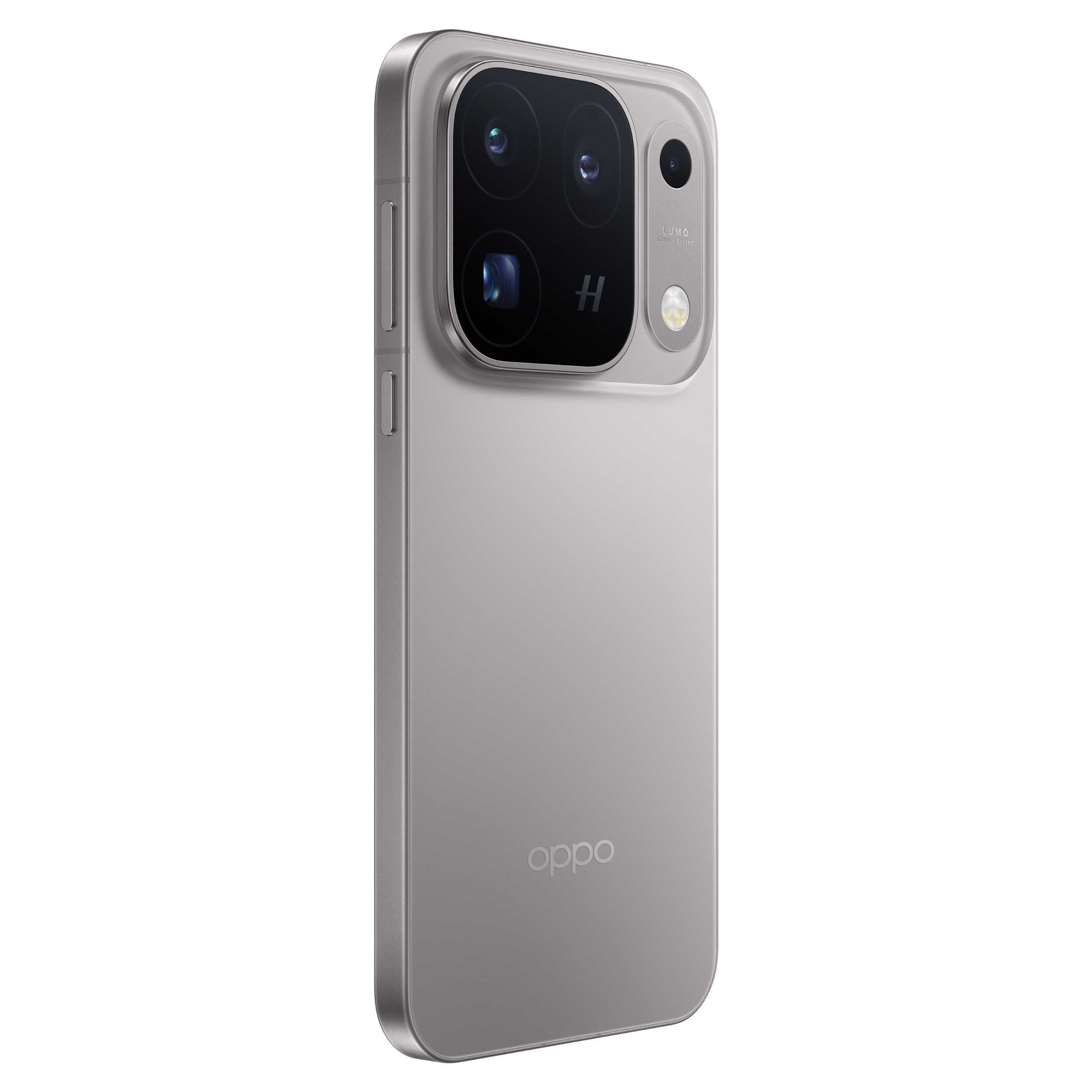 Back of a silver Oppo smartphone with a rectangular camera module on a black background.