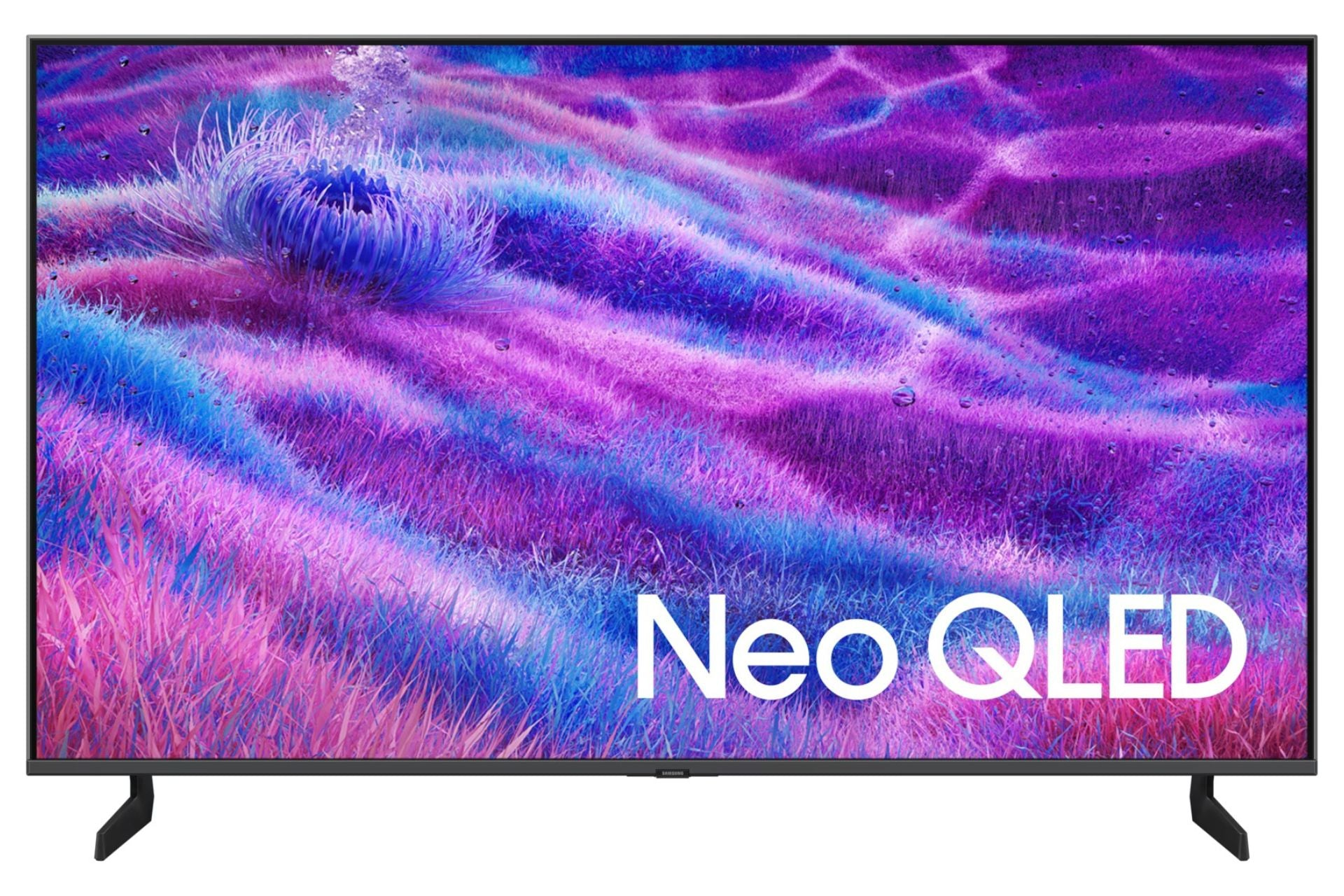 Een Neo QLED-televisie toont een levendige paarse en blauwe onderwaterscène op het scherm.