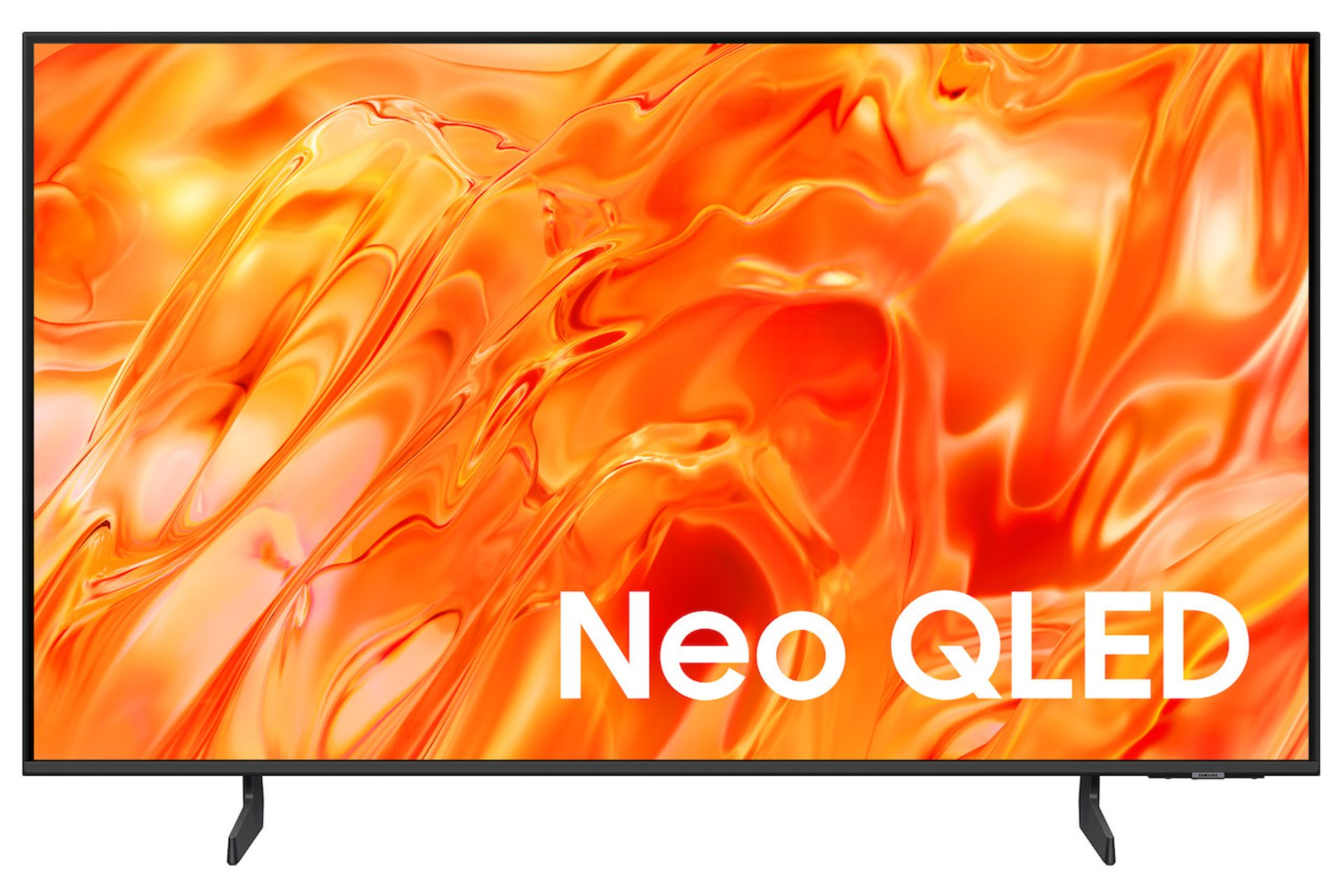 Een flatscreen-tv met een levendige oranje abstracte achtergrond en de witte tekst Neo QLED.