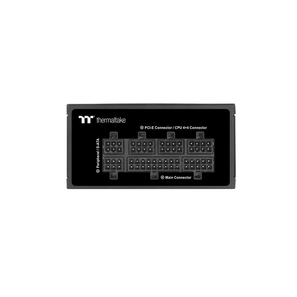 Tylny panel czarnego zasilacza Thermaltake z oznaczonymi portami złączy kablowych na białym tle.