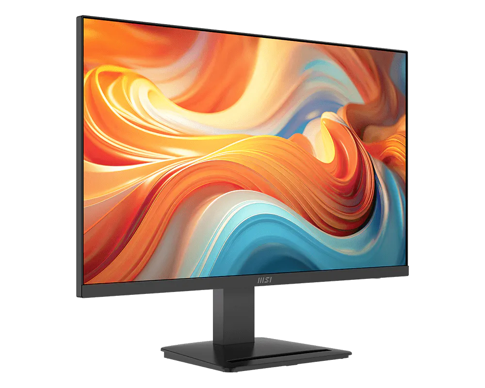 Ein schwarzer Computermonitor mit einem abstrakten Hintergrundbild aus orangen, gelben und blauen Wellen.