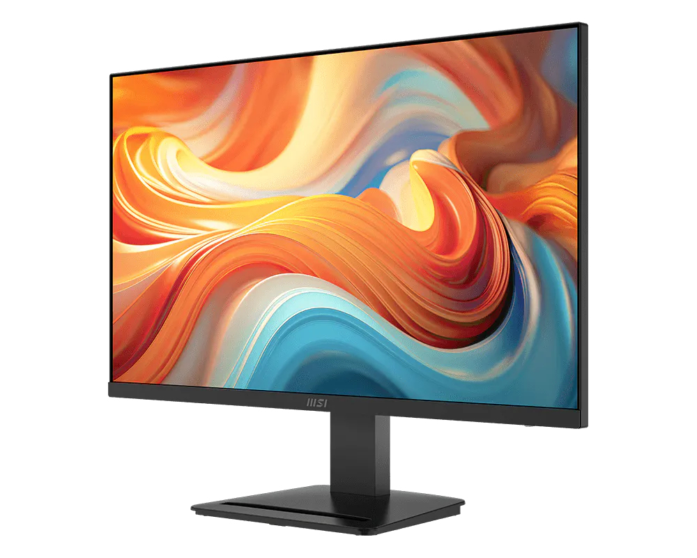Ein schwarzer Computermonitor mit einer lebendigen abstrakten Tapete in Orange, Gelb und Blau auf dem Bildschirm.