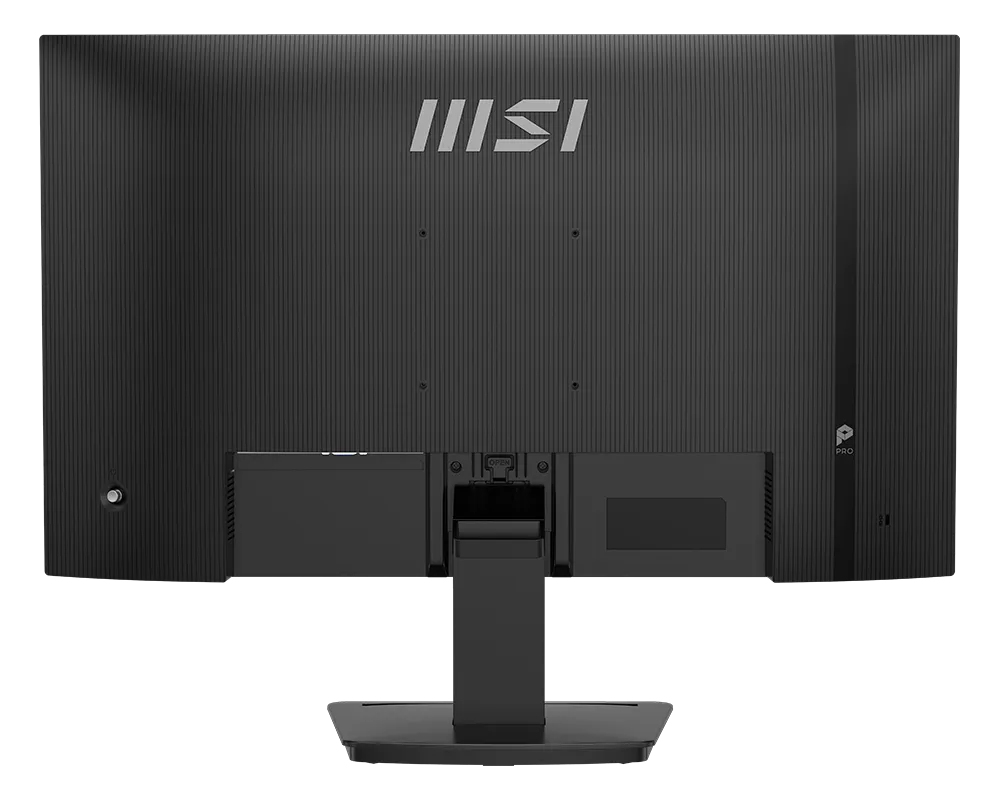 Rückansicht eines schwarzen MSI Pro Monitors mit Standfuß und silbernem Logo.