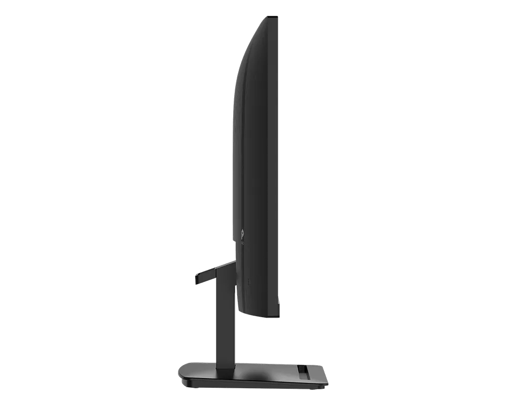Seitenansicht eines modernen schwarzen Monitors mit schlankem Standfuß auf weißem Hintergrund.