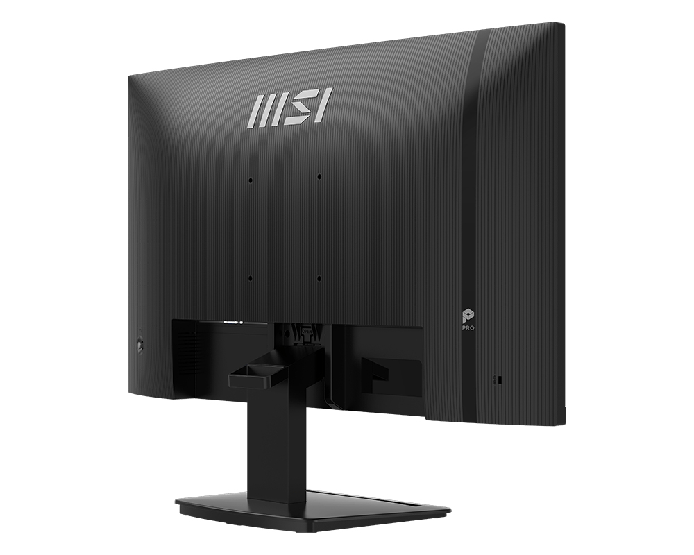 Rückansicht eines schwarzen MSI-Computermonitors auf einem Ständer mit strukturierter Rückseite.