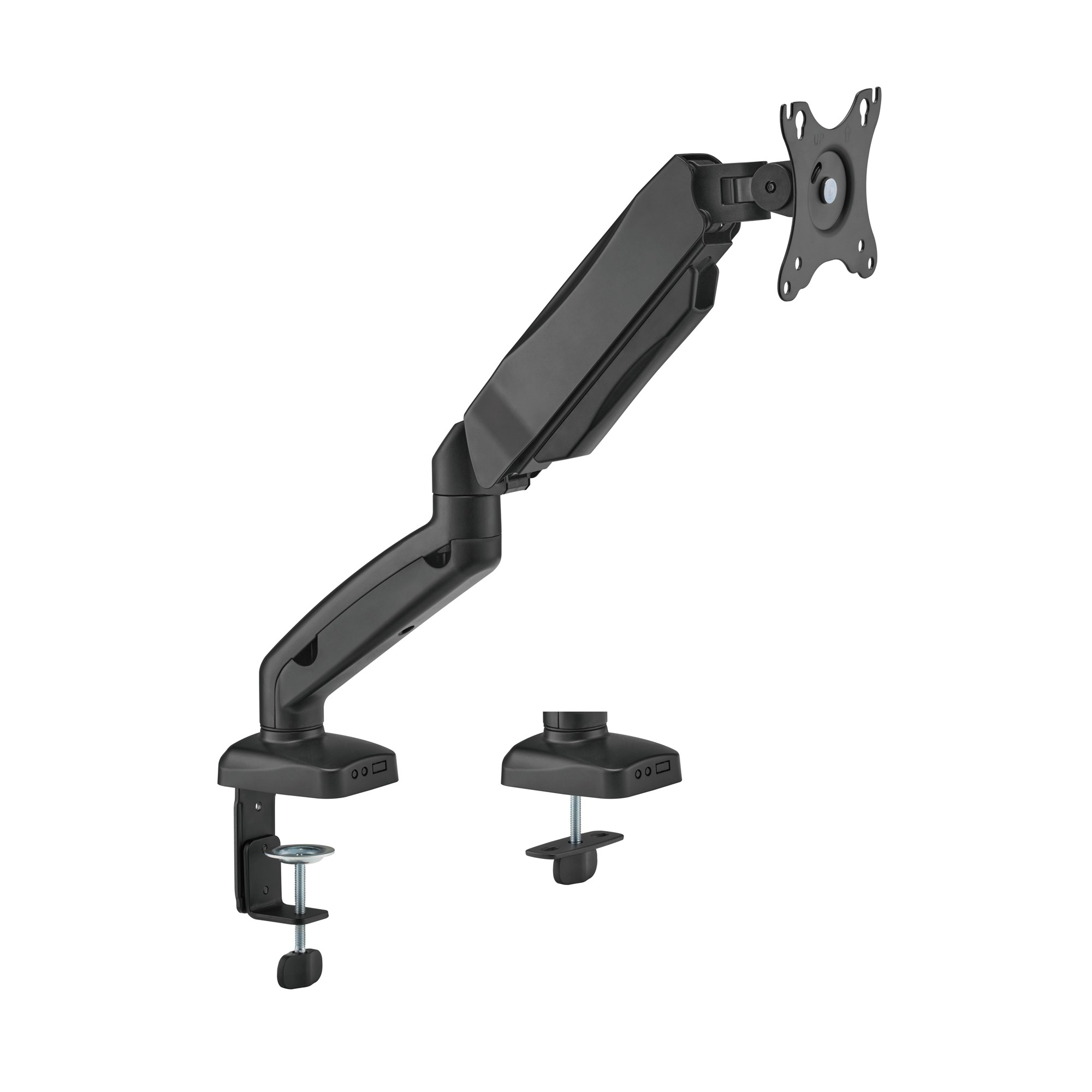 Ein schwarzer, verstellbarer Monitor-Tischhalter mit C-Klemme und VESA-Platte vor weißem Hintergrund.