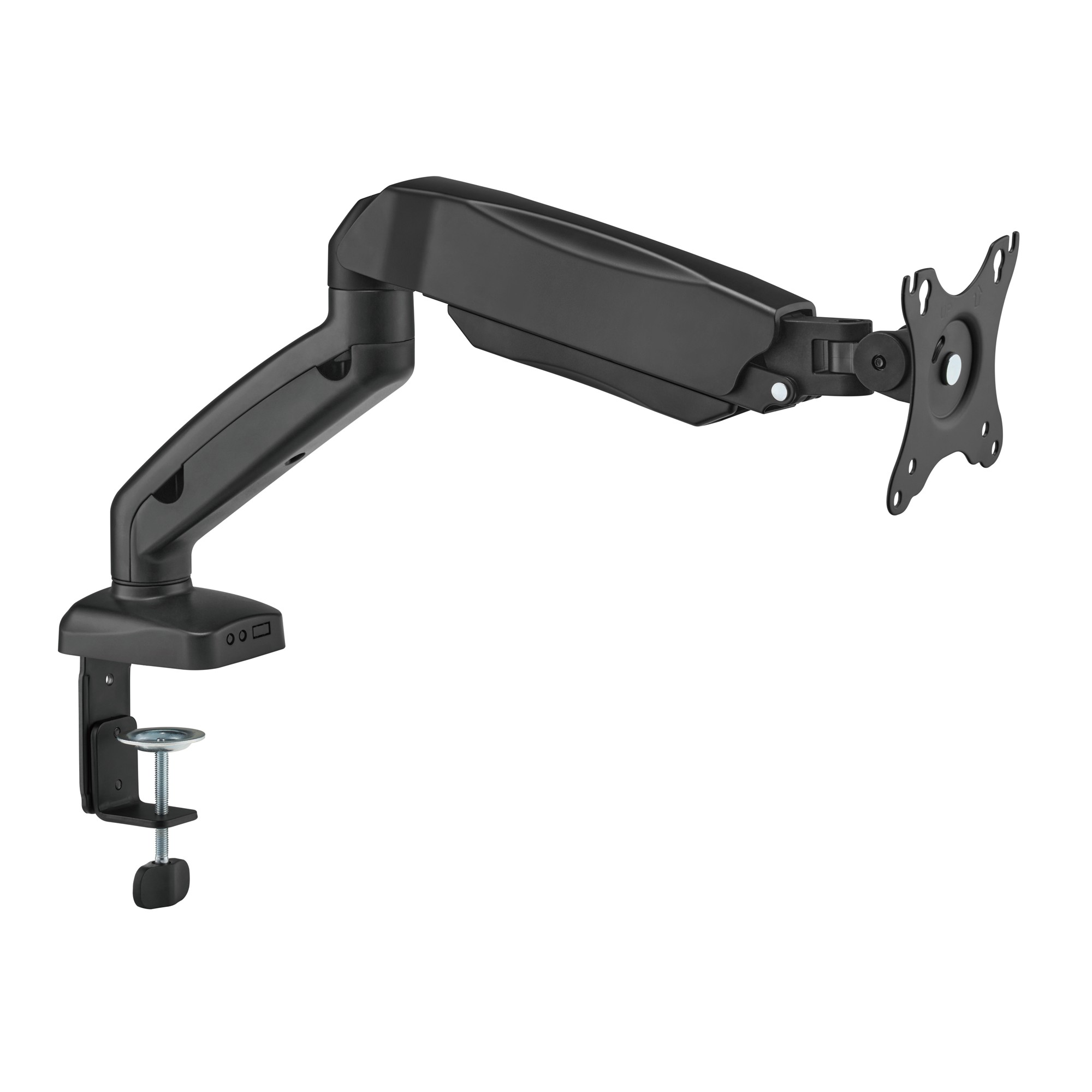 Ein schwarzer, verstellbarer Monitor-Tischarm mit C-Klammer-Basis auf weißem Hintergrund.