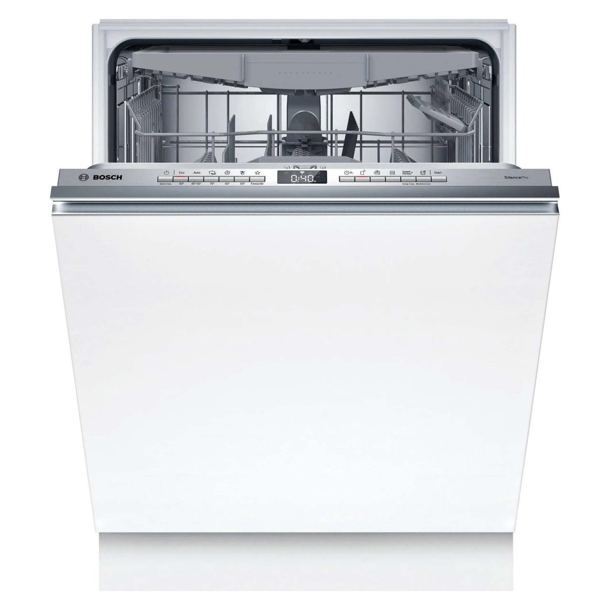 Een Bosch vaatwasser met open witte deur, lege metalen rekken en digitaal bedieningspaneel.
