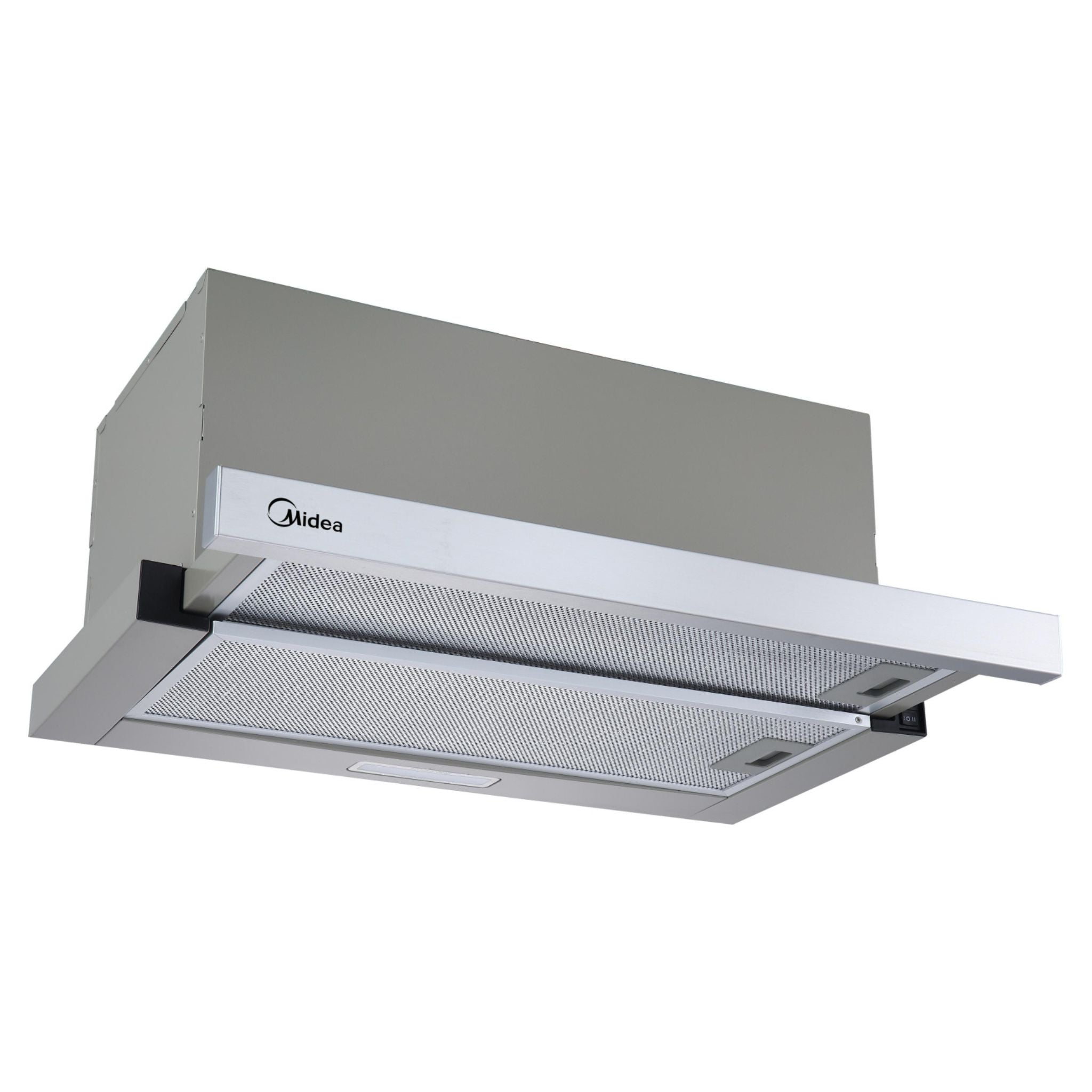 Una campana extractora Midea gris con visera frontal extraíble y filtros de malla metálica visibles.