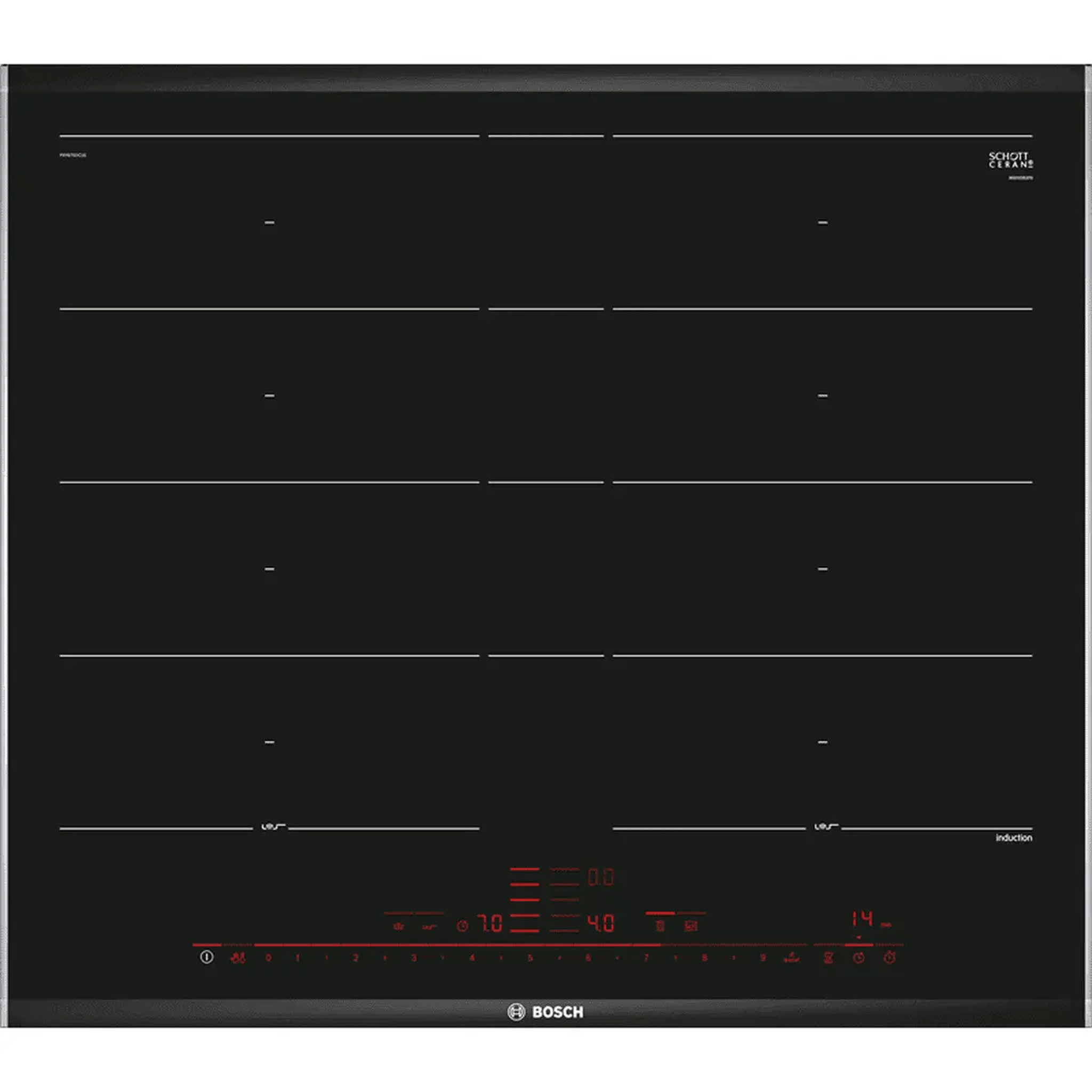 Black Bosch induction cooktop featuring red digital displays and cooking zone markers.