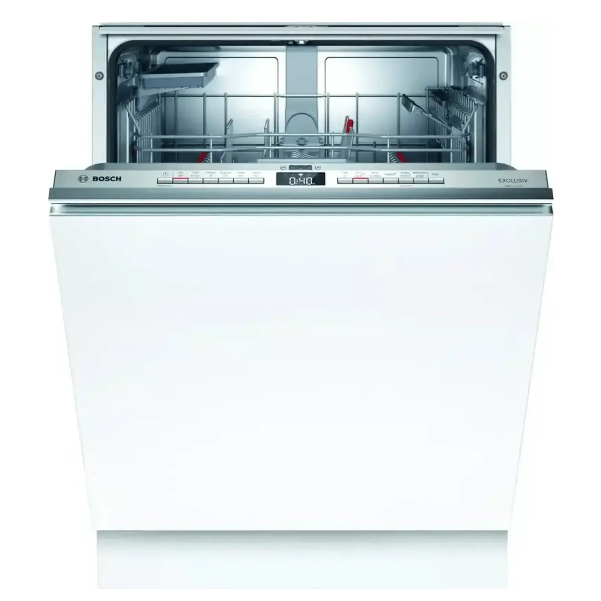 Een witte Bosch vaatwasser met open deur toont zilveren metalen manden aan de binnenkant en het bedieningspaneel.