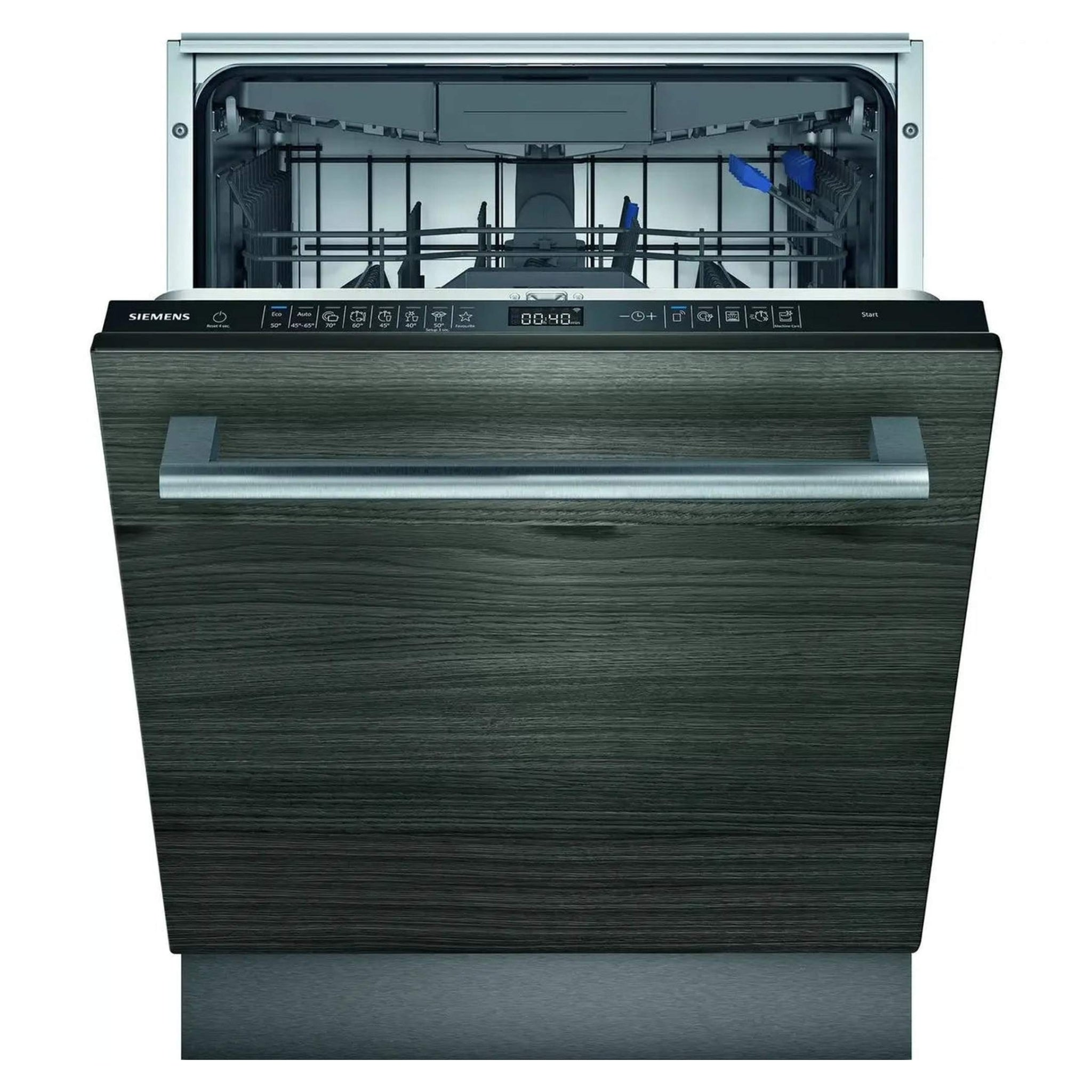 Open Siemens vaatwasser met donkergrijze houtlook en een digitaal display.