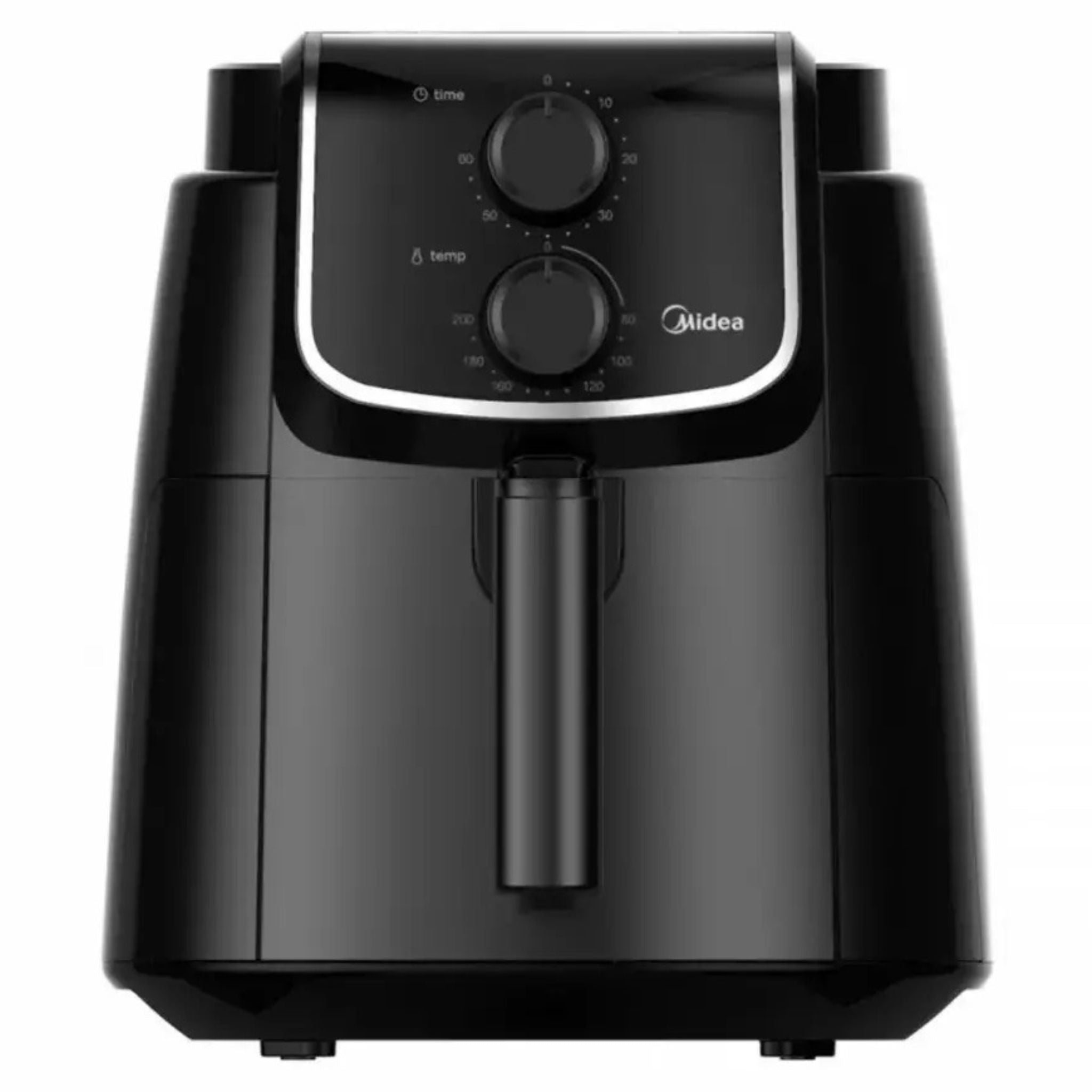 Zwarte Midea-heteluchtfriteuse met twee draaiknoppen en een handvat.
