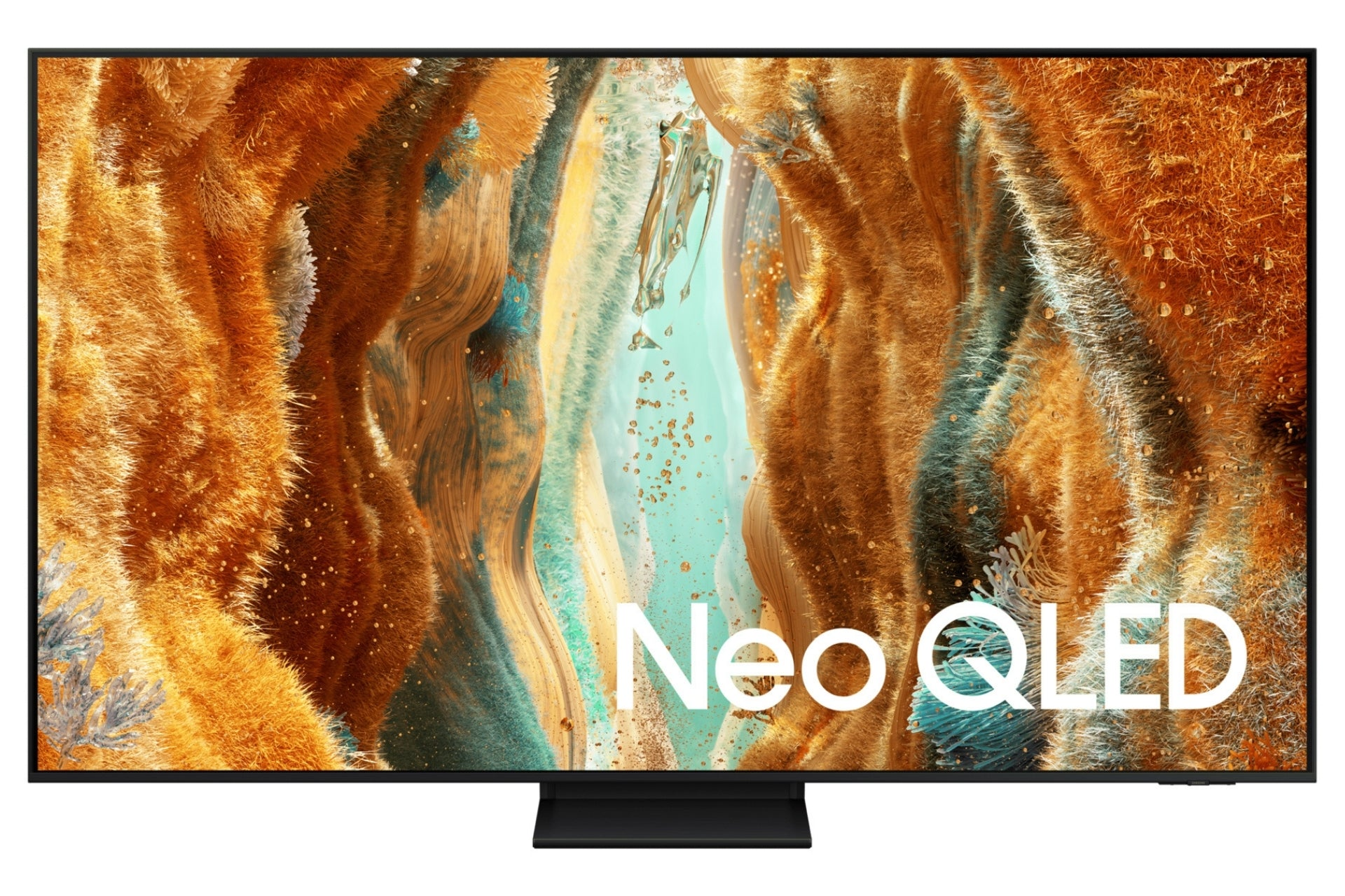 Een Neo QLED-tv toont een levendige abstracte achtergrond met oranje, blauwe en blauwgroene texturen.
