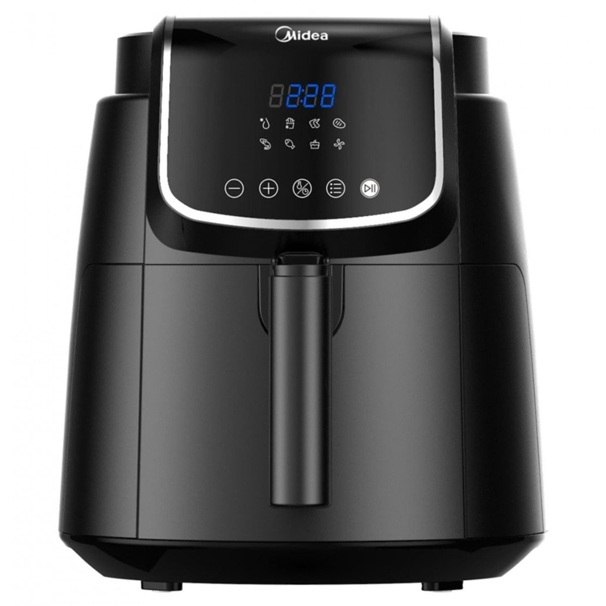 Zwarte Midea-heteluchtfriteuse met digitaal aanraakscherm en handgreep aan de voorzijde.