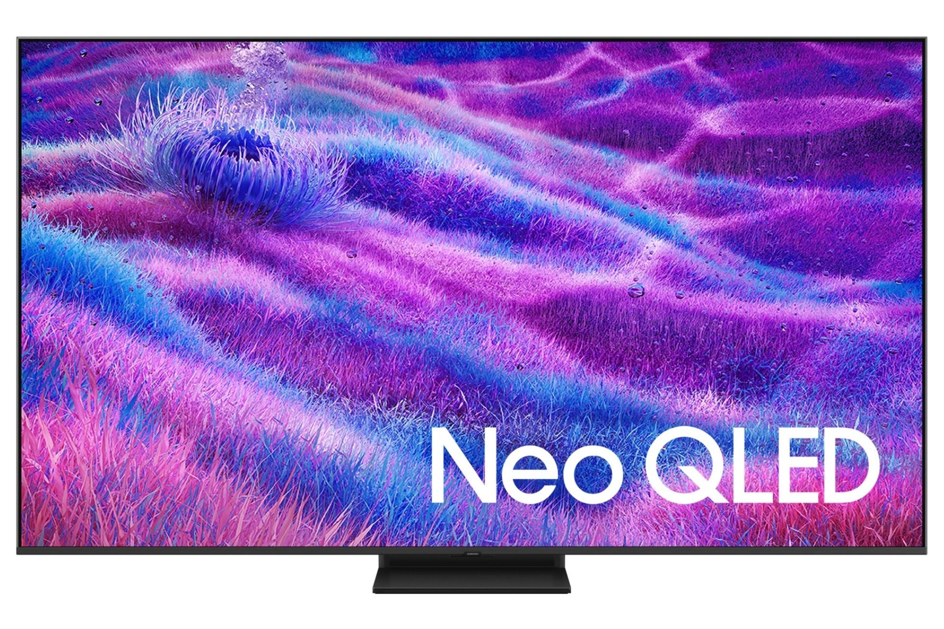 Ein Neo QLED Fernseher zeigt ein lebhaftes, violettes Unterwasserbild mit Textur.