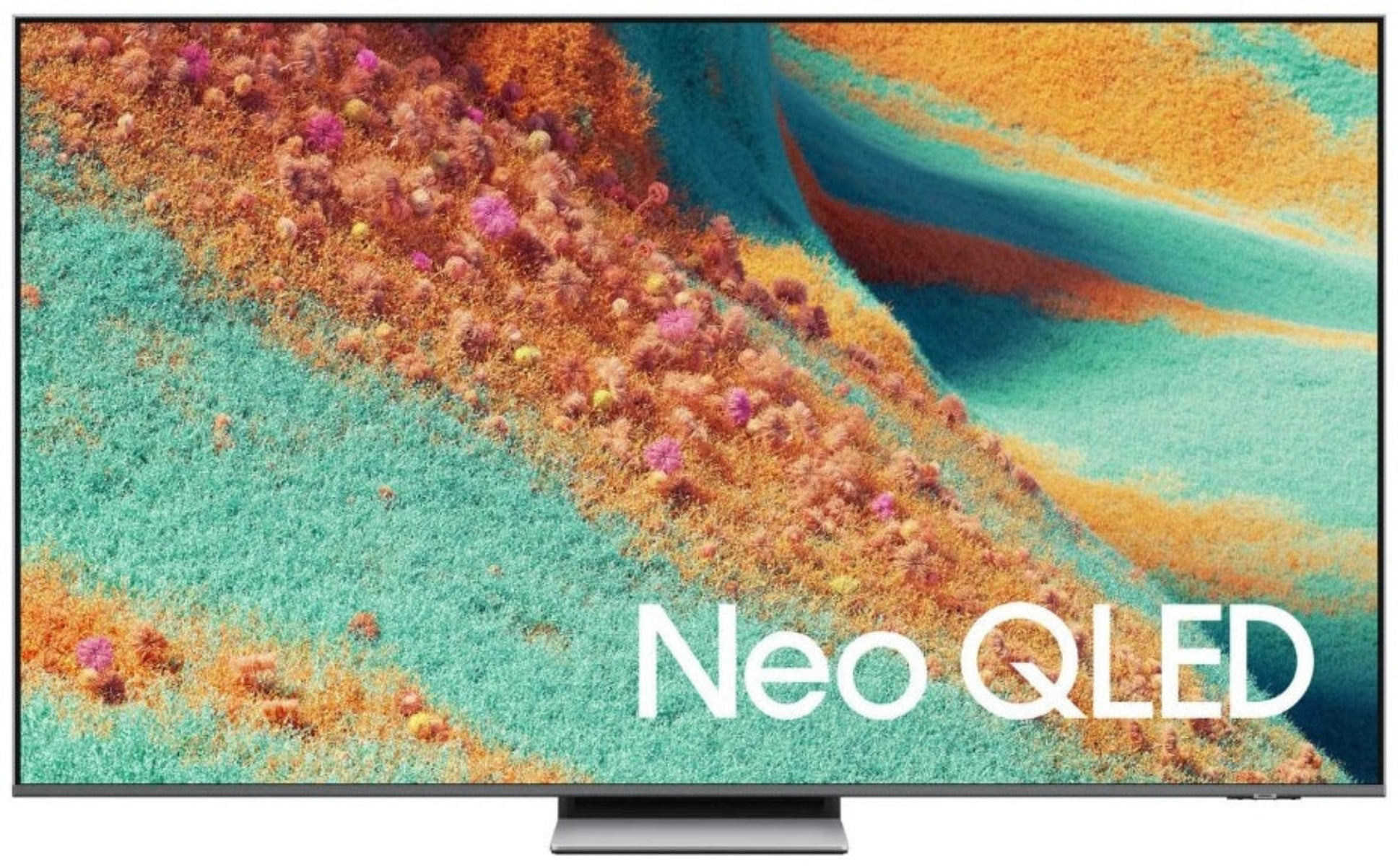 Een Neo QLED-tv toont een kleurrijke, gestructureerde afbeelding met de tekst Neo QLED.