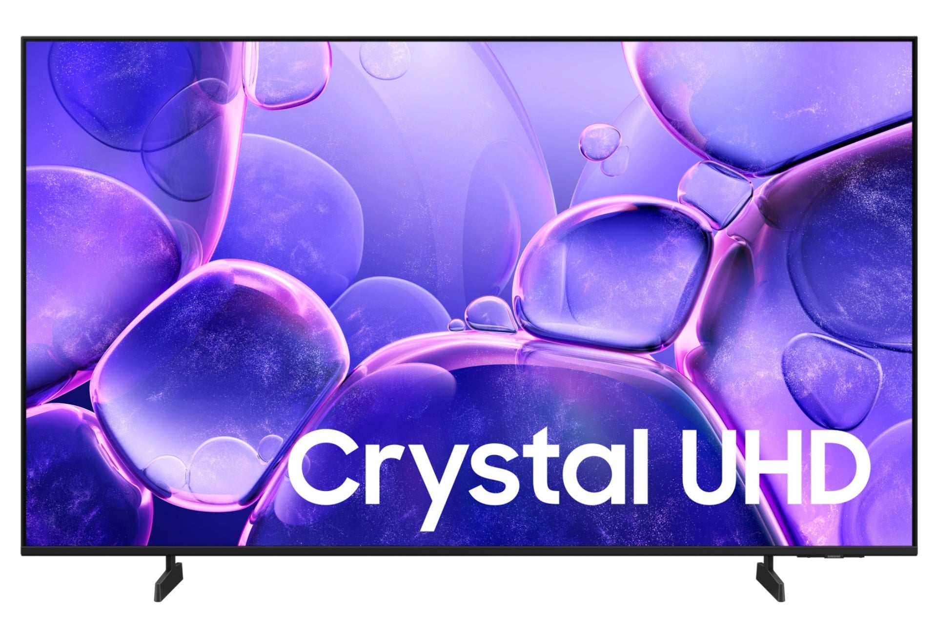 Un téléviseur affichant Crystal UHD présente un fond violet avec des bulles de verre.
