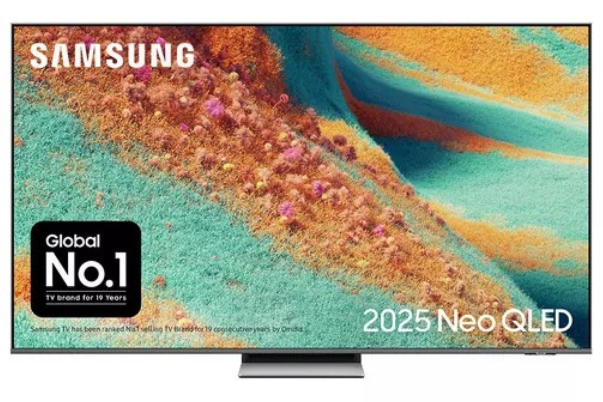 Een Samsung 2025 Neo QLED TV toont een kleurrijk abstract landschap en tekst over wereldwijd nr. 1.
