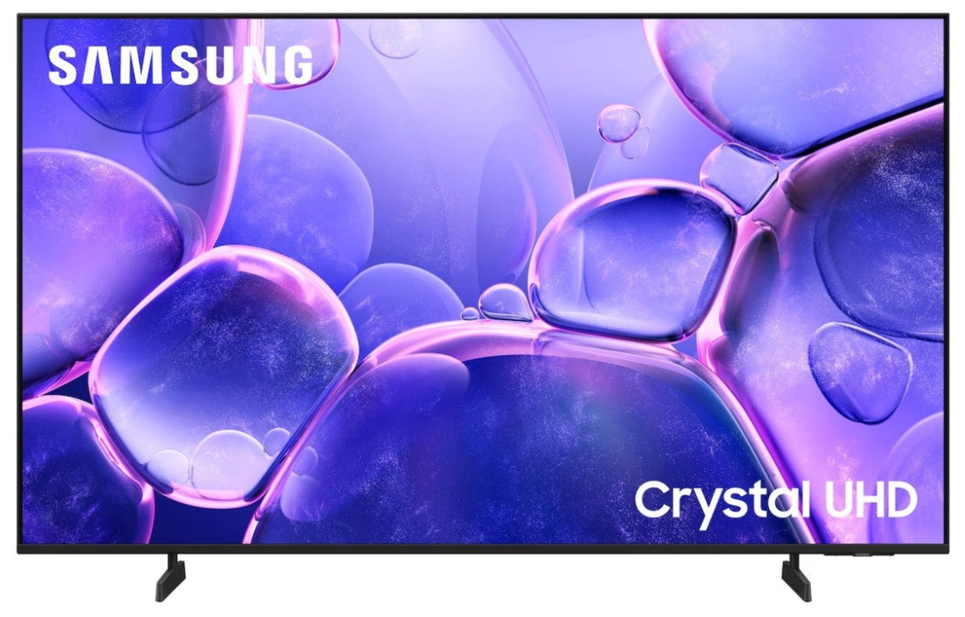 Téléviseur Samsung Crystal UHD affichant un motif de bulles violettes à l'écran avec des bordures fines.