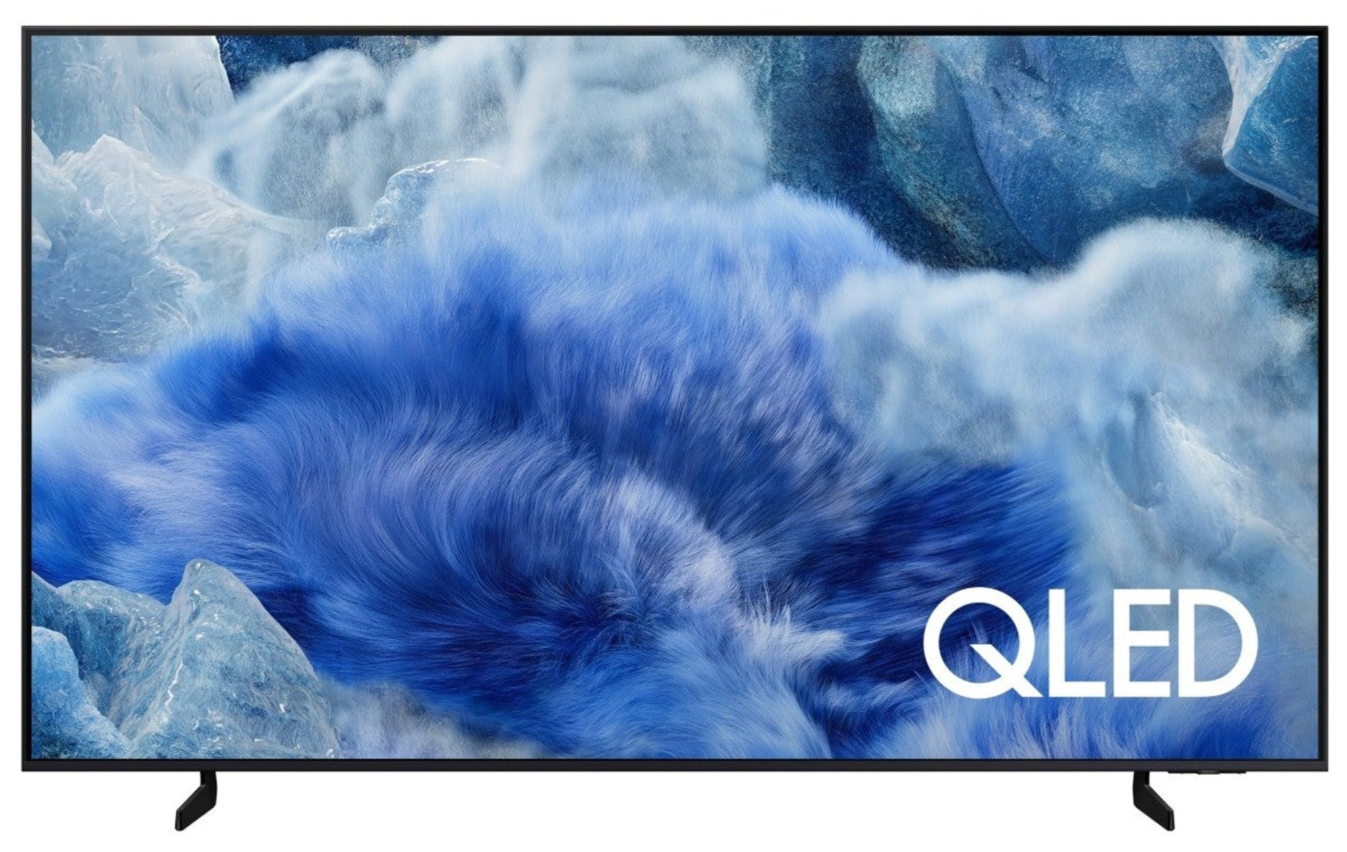 Een QLED TV toont een levendige blauwe textuur die lijkt op ijsbergen met het QLED-logo in de hoek.