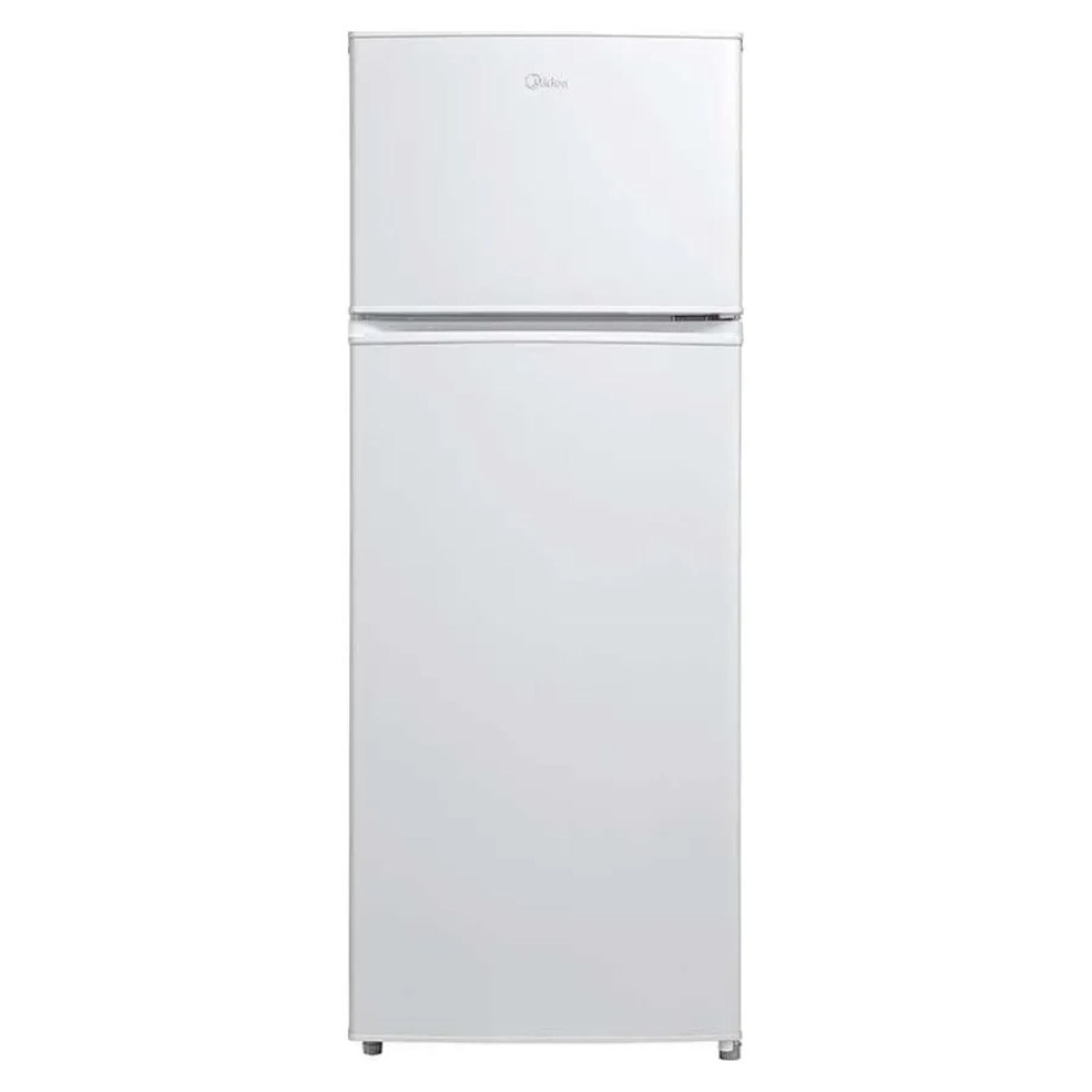 A standard white freestanding double-door refrigerator on a plain white background.