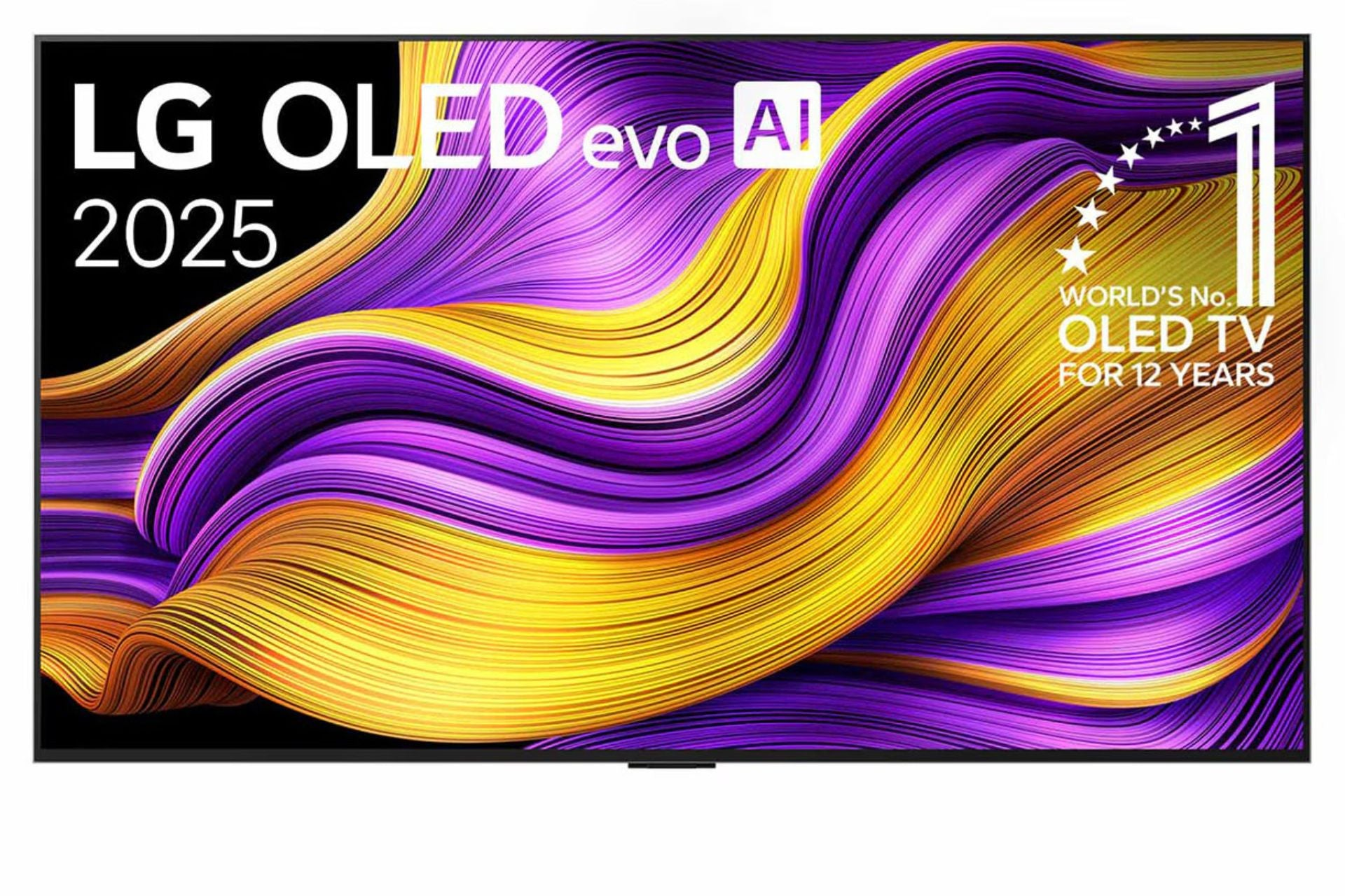LG OLED evo AI 2025 Fernseher mit abstraktem, gelb-violettem Wellenmuster.