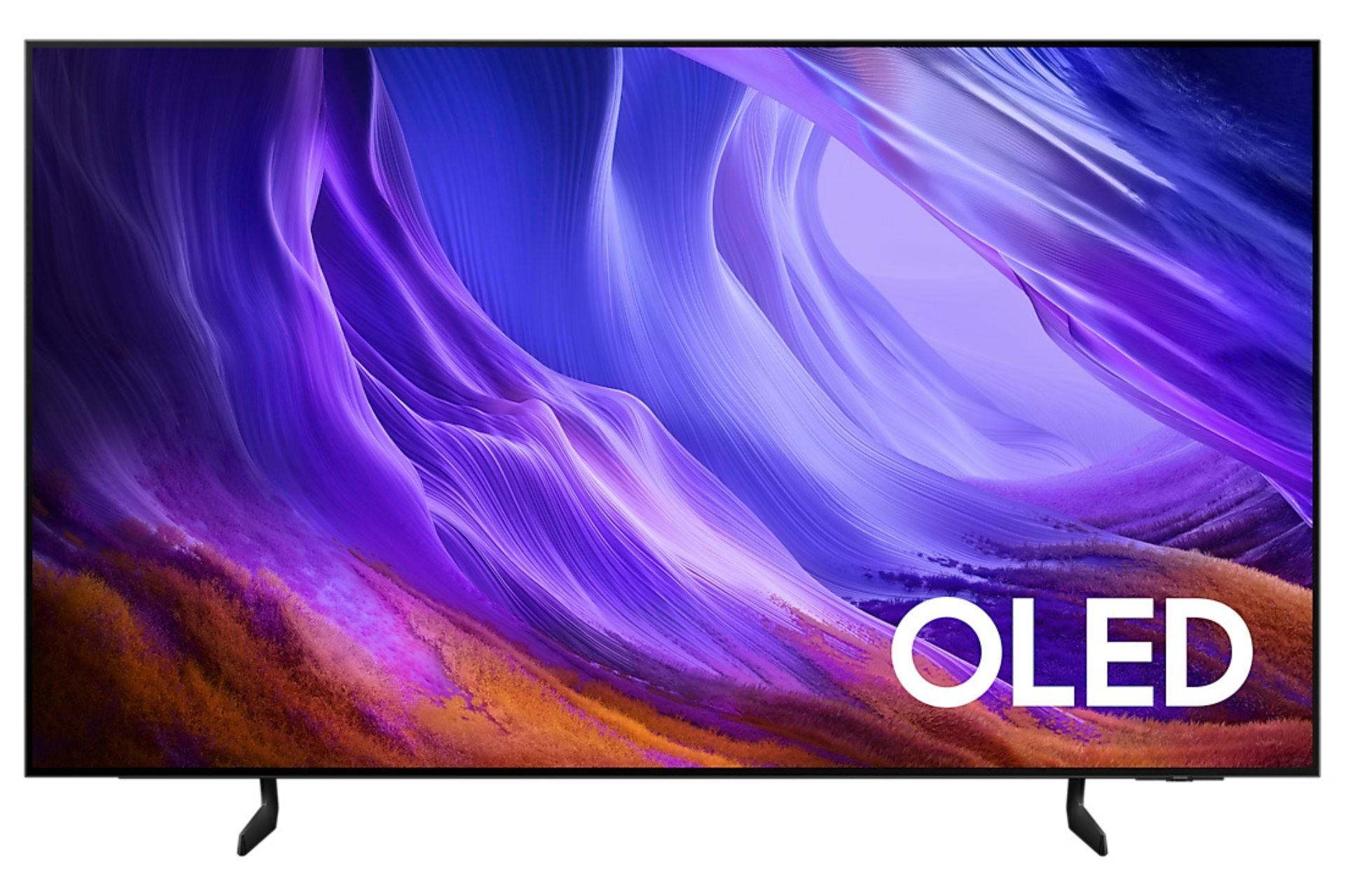 A modern OLED TV displays a vibrant abstract image of purple, blue, and orange flowing shapes with the word OLED.