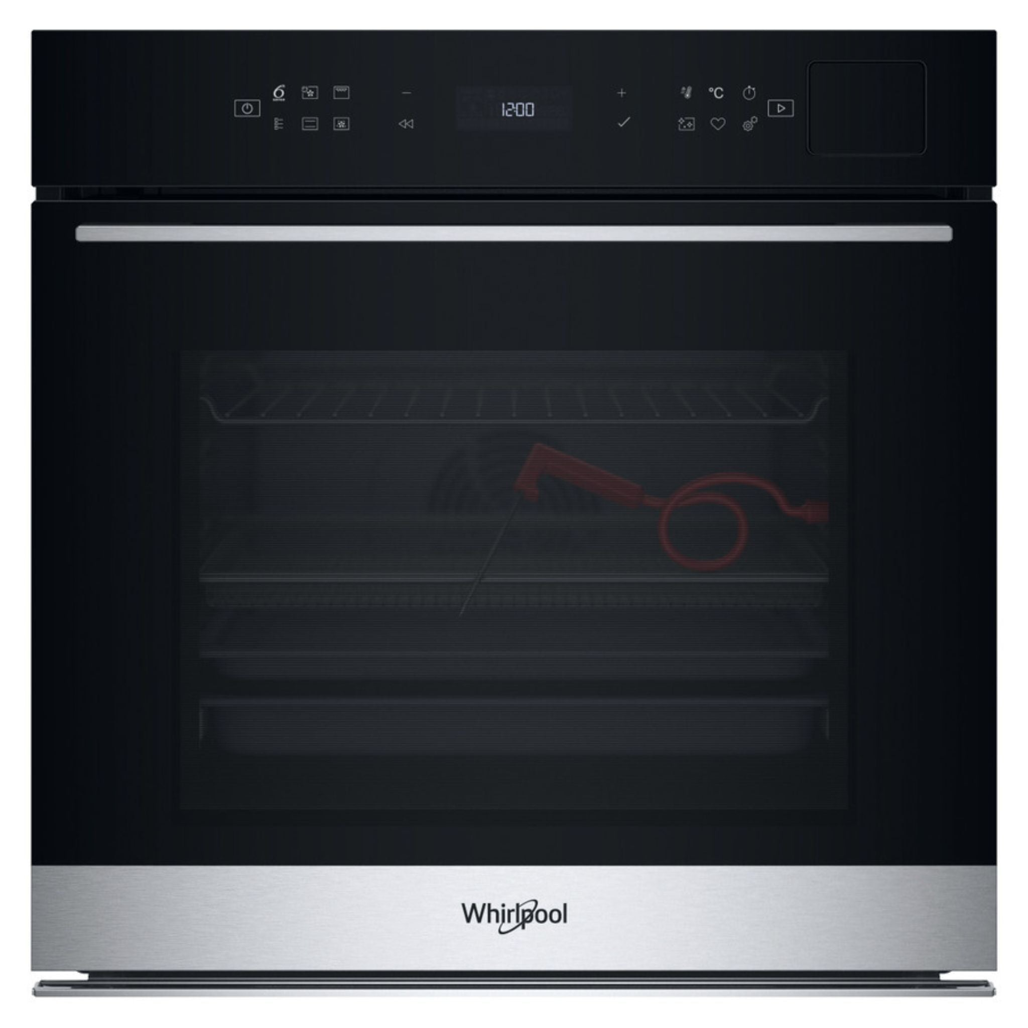 Un forno da incasso Whirlpool nero con comandi touch, porta in vetro e sonda carne rossa.