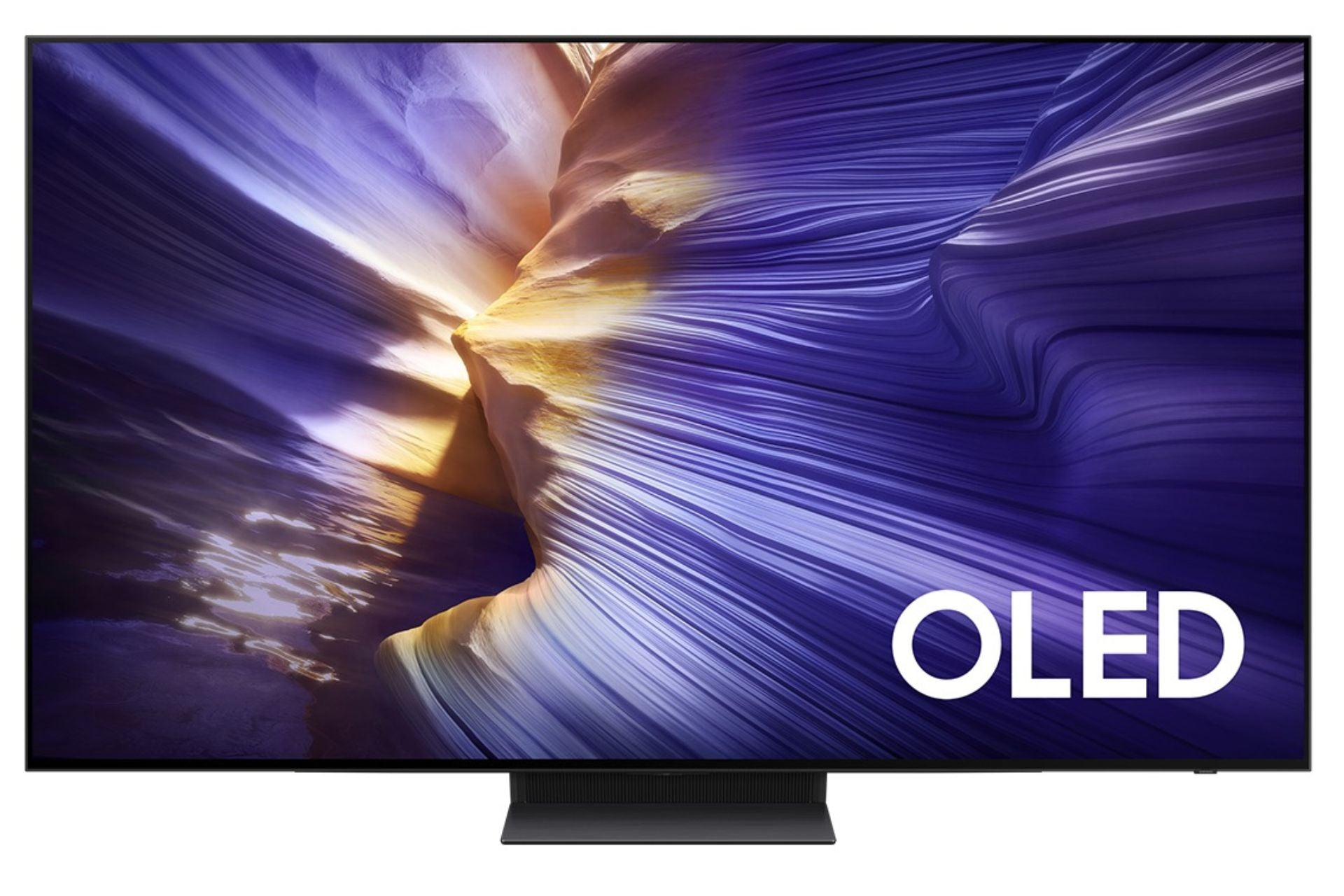 Een OLED-tv met een smalle rand toont een kleurrijk, getextureerd natuurbehang.