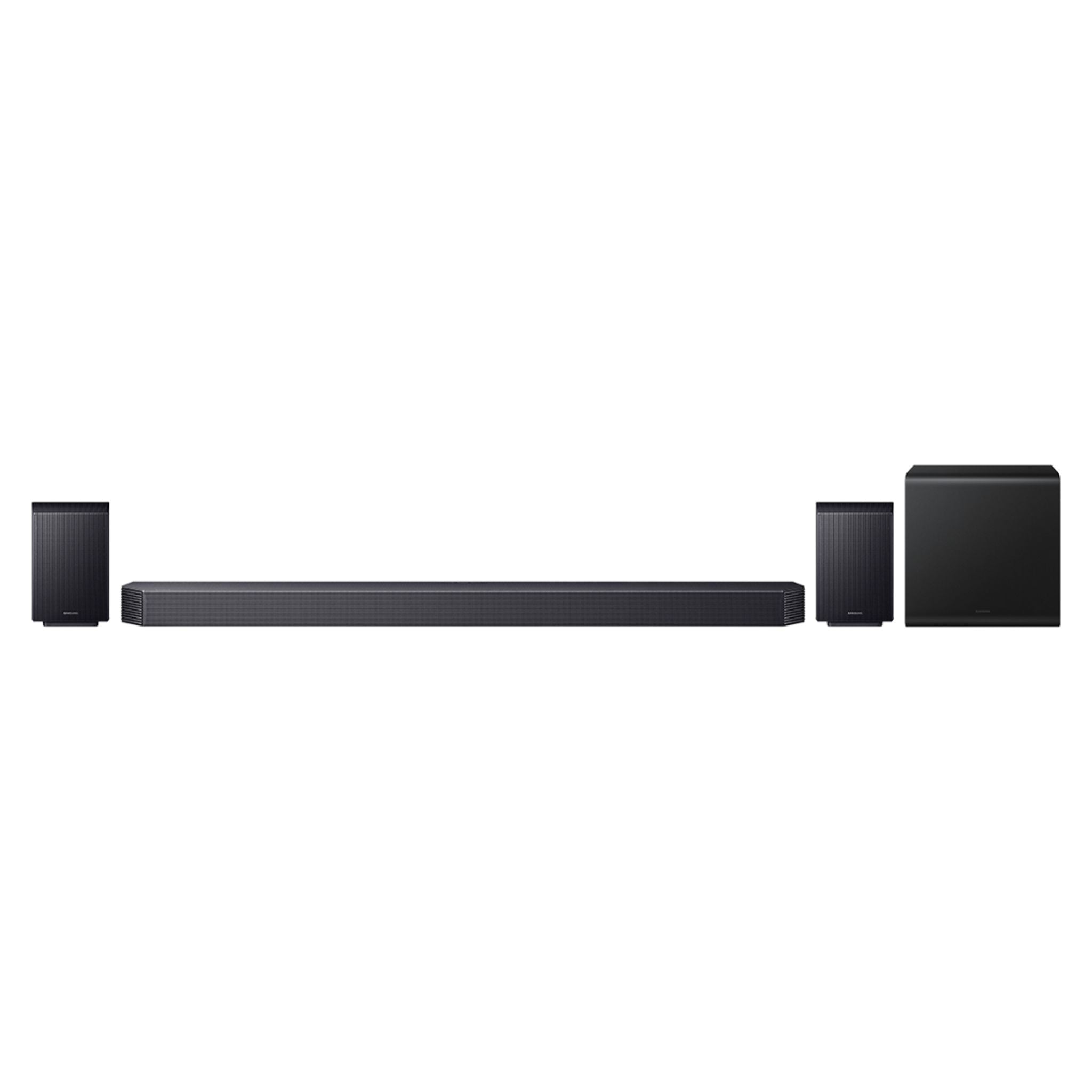 Ein schwarzes Surround-Sound-System mit einer langen Soundbar, zwei kleinen Lautsprechern und einem Subwoofer.