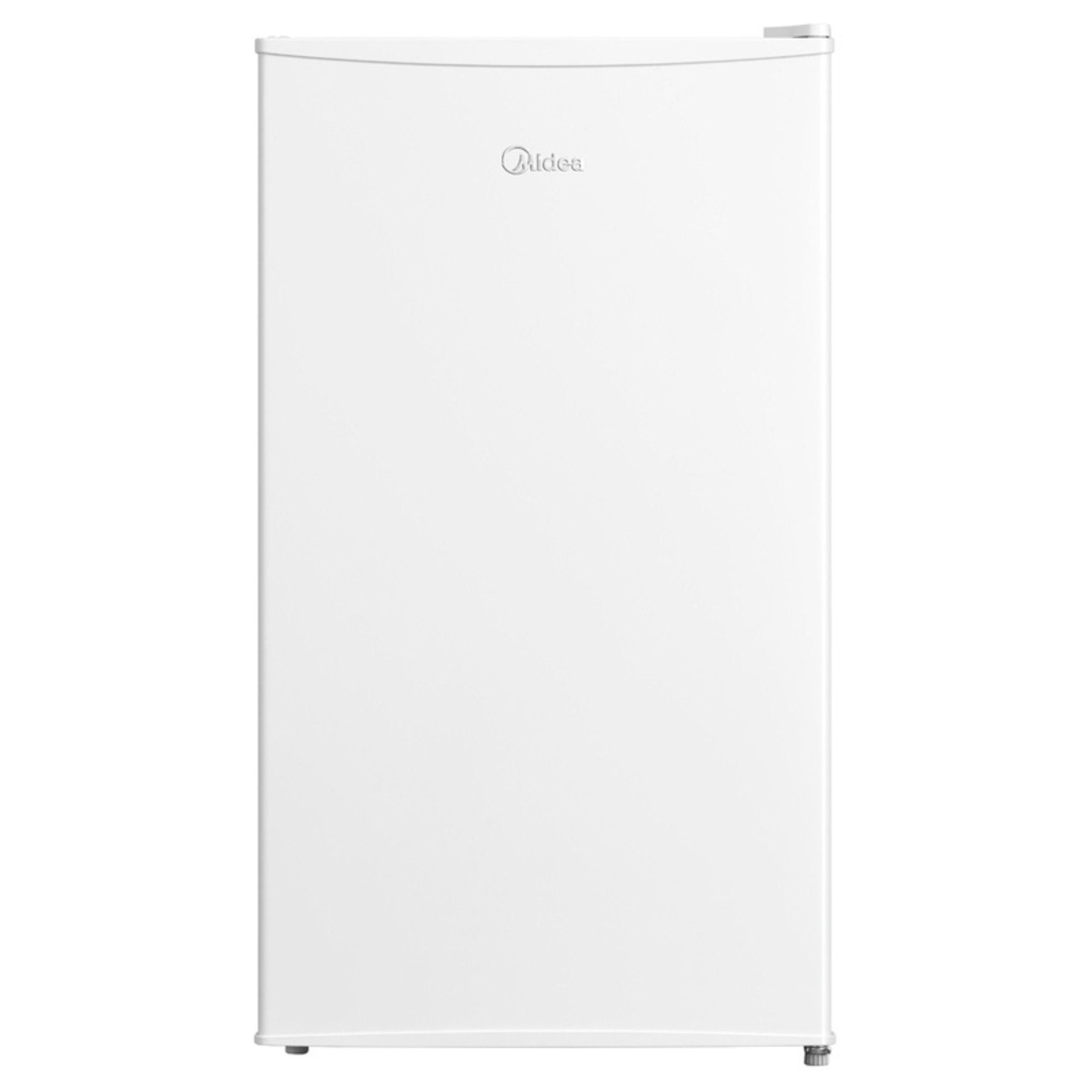 Een compacte witte Midea koelkast tegen een witte achtergrond.