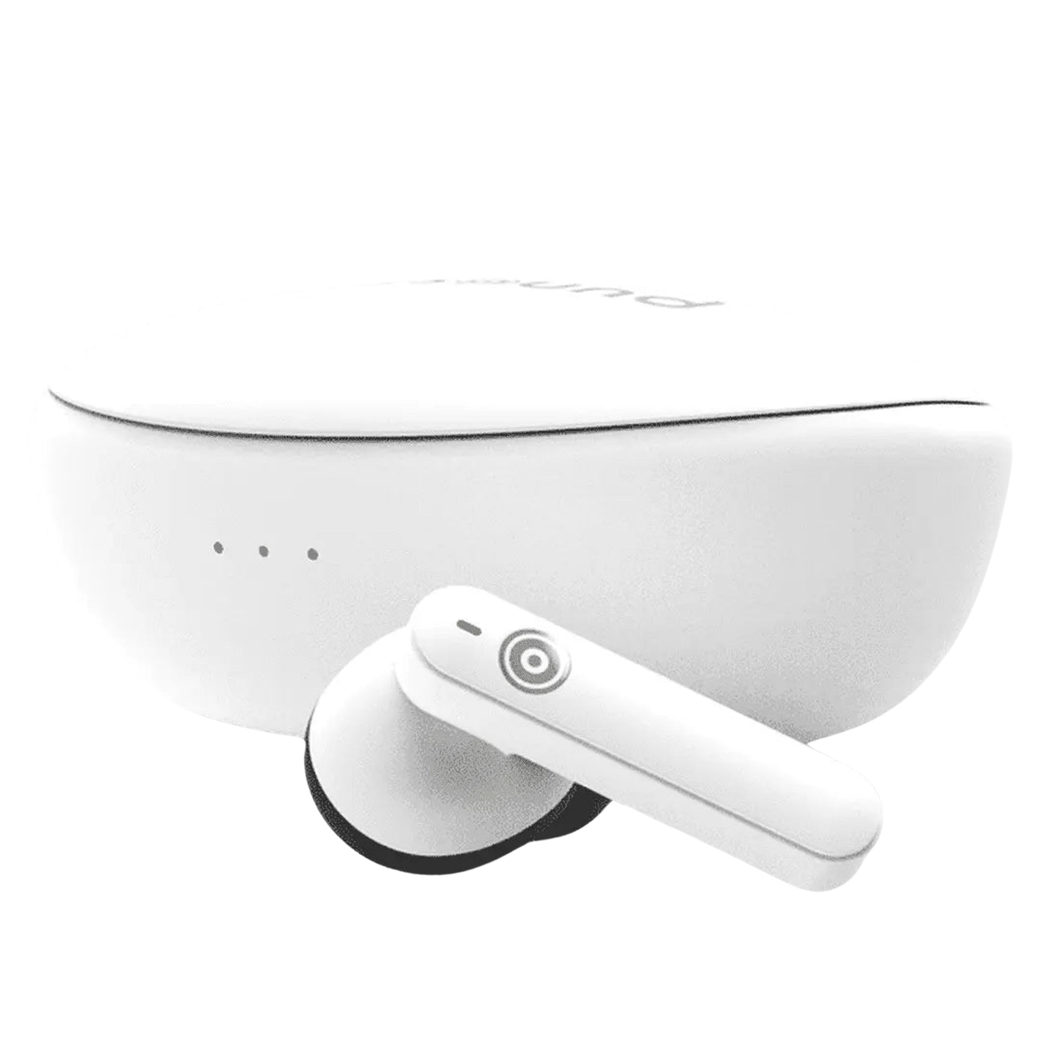 Een witte draadloze oordop voor de bijbehorende oplaadcase.