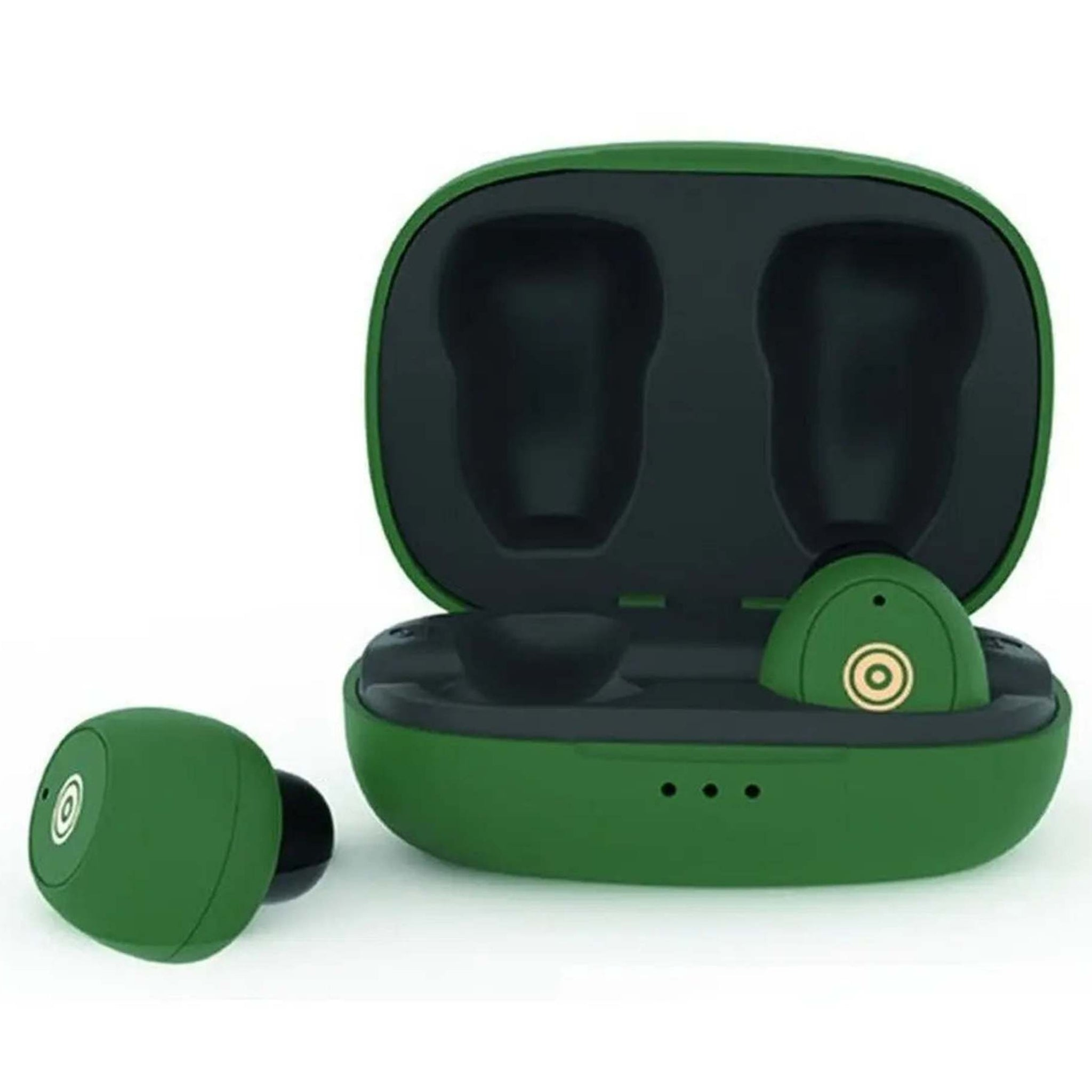 Groene draadloze oordopjes met oplaadcase op een witte achtergrond.