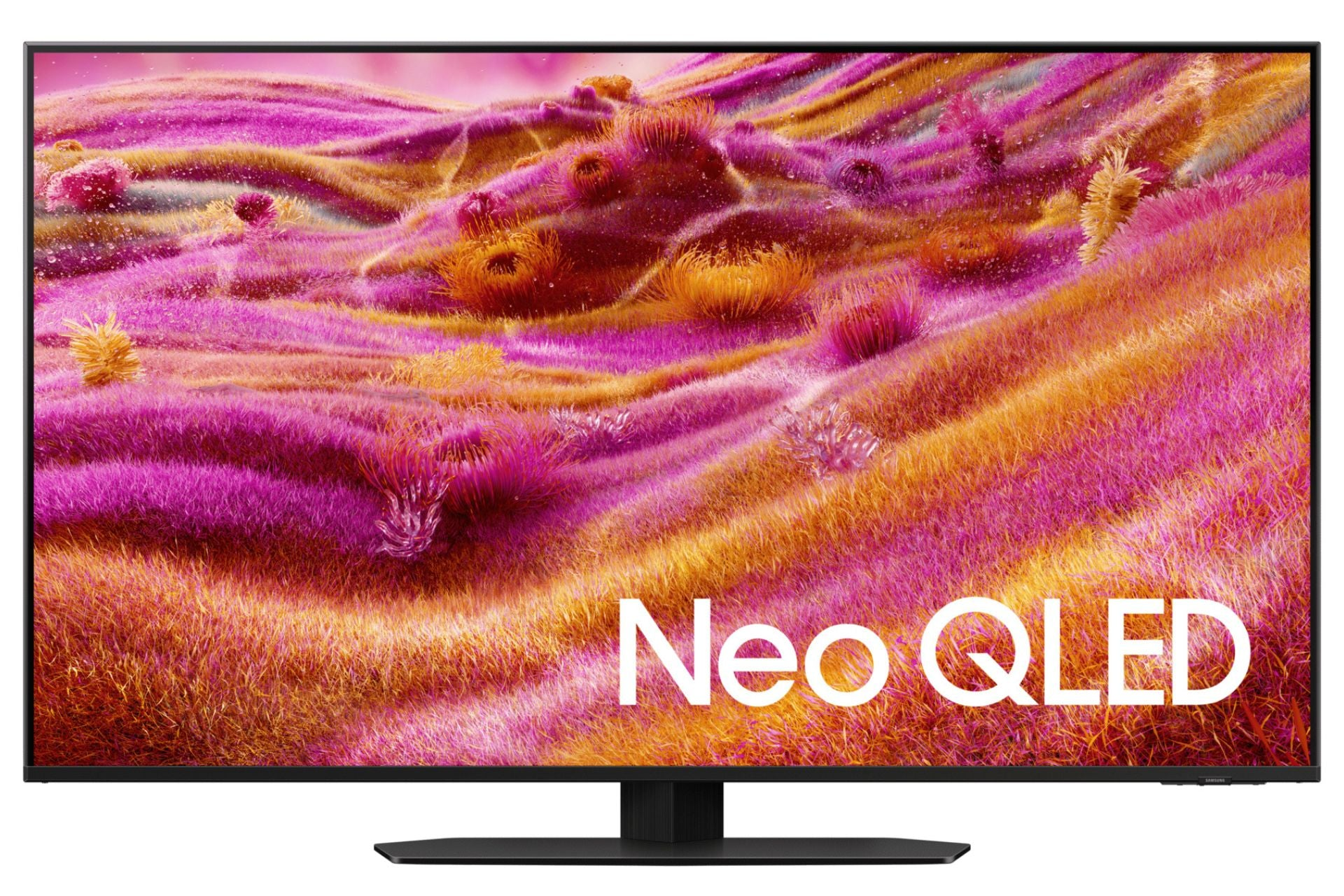 Un téléviseur Neo QLED affiche une image colorée et texturée en rose et or.