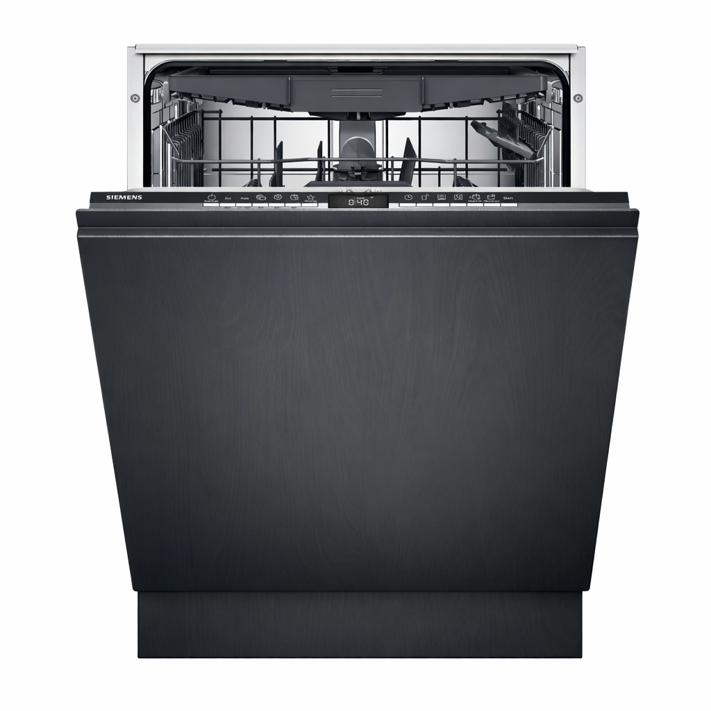 Een open zwarte Siemens vaatwasser met zichtbare metalen rekken en een digitaal bedieningspaneel.