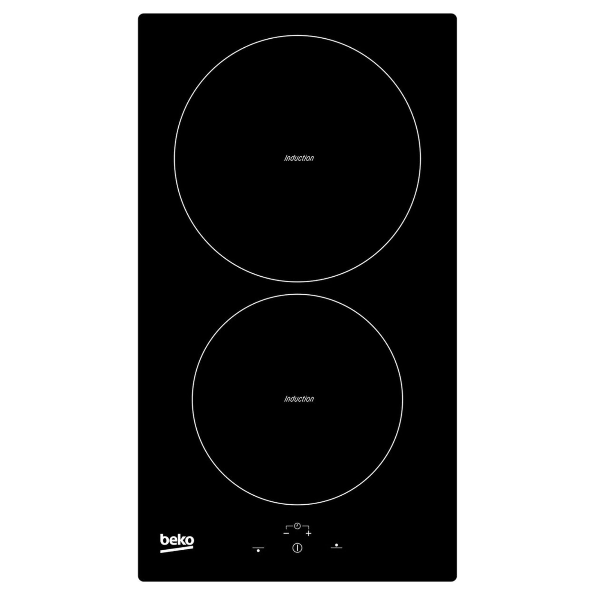 A black Beko induction cooktop with two round cooking zones and a touch control panel.