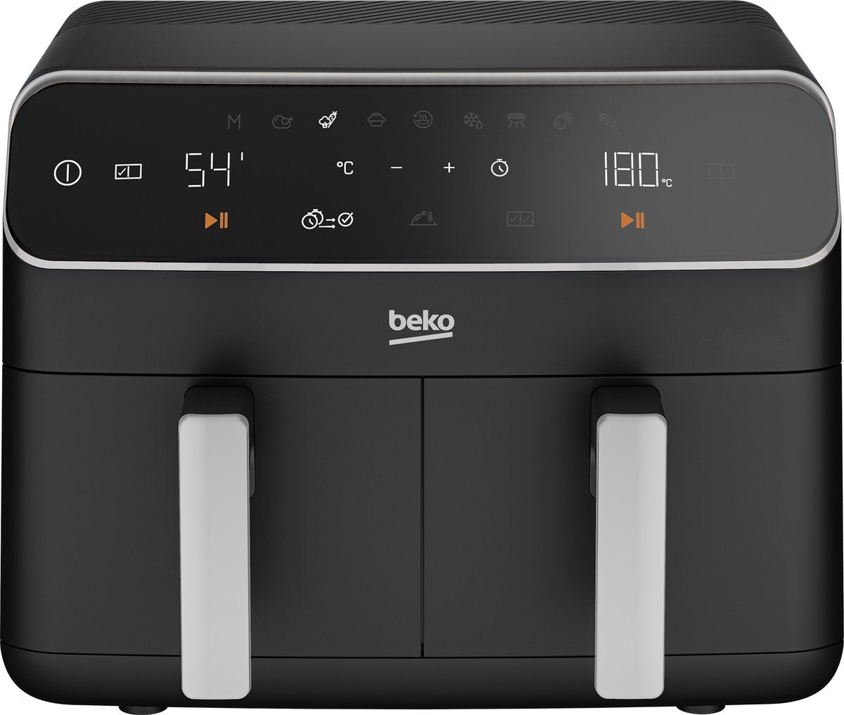 Zwarte Beko dubbele mand airfryer met digitaal touchscreen en zilveren handgrepen op een neutrale achtergrond.